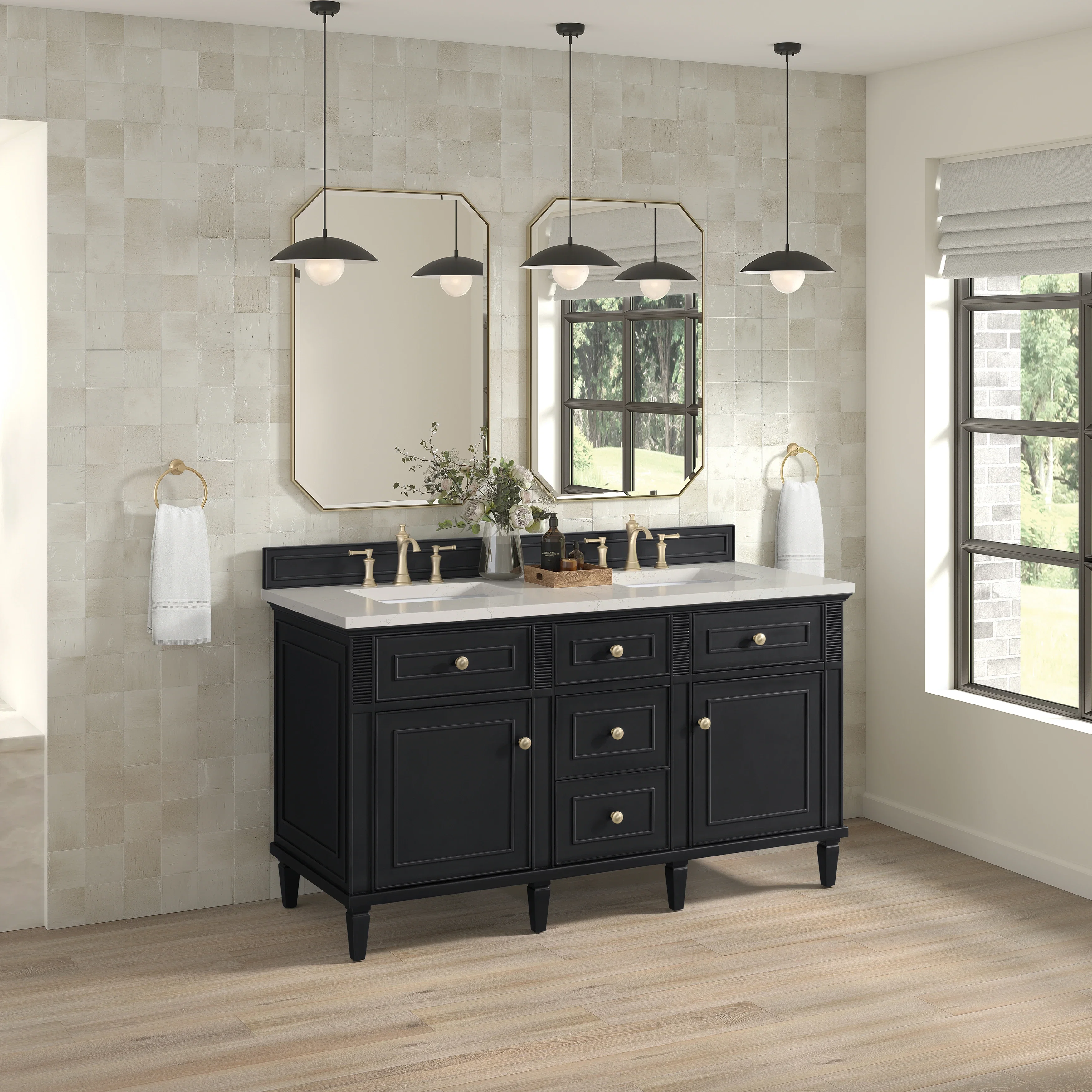 Lorelai 60" Double Vanity, Black Onyx, w/ 3 CM Siberian Silestone Top w/FreePower Wireless Charger