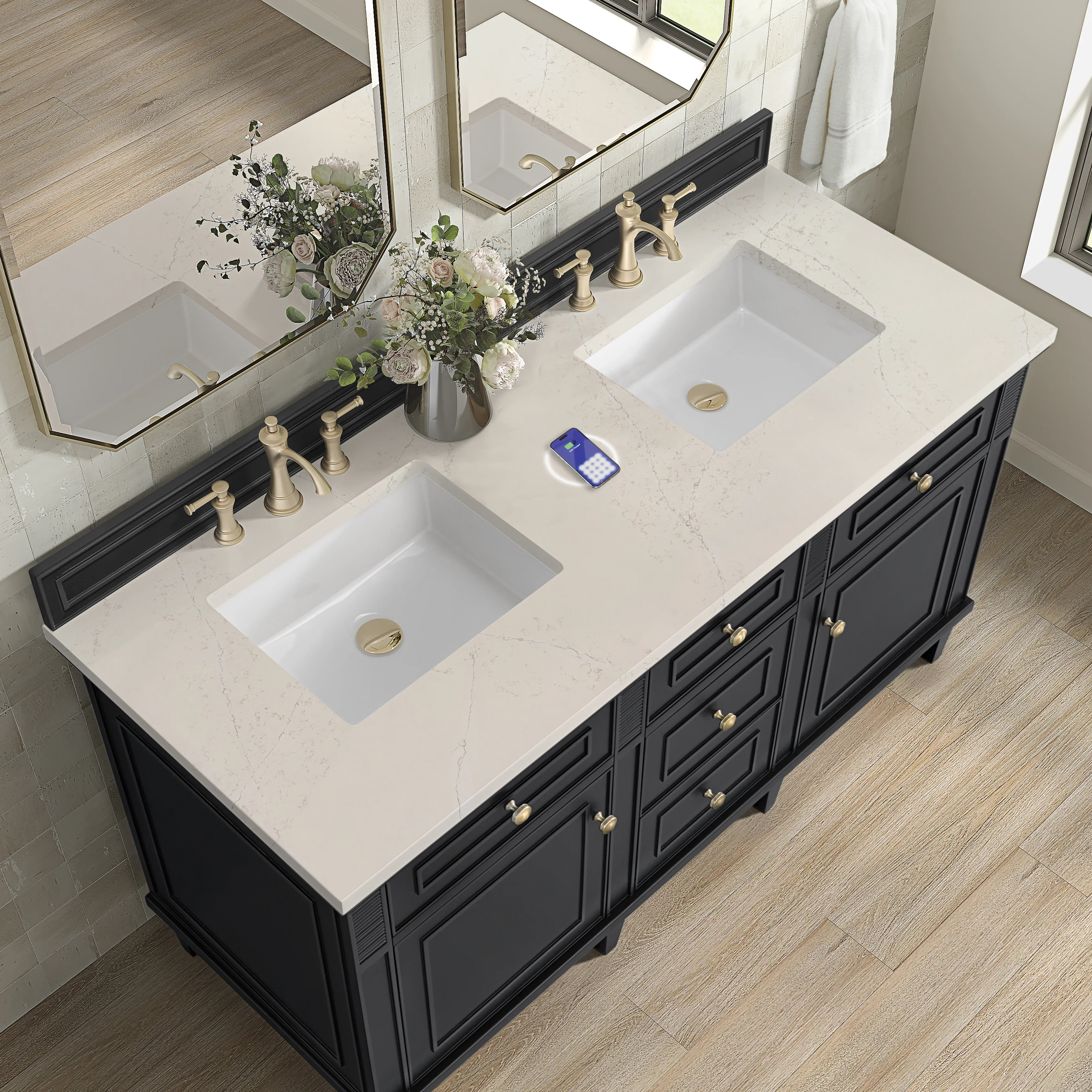 Lorelai 60" Double Vanity, Black Onyx, w/ 3 CM Siberian Silestone Top w/FreePower Wireless Charger