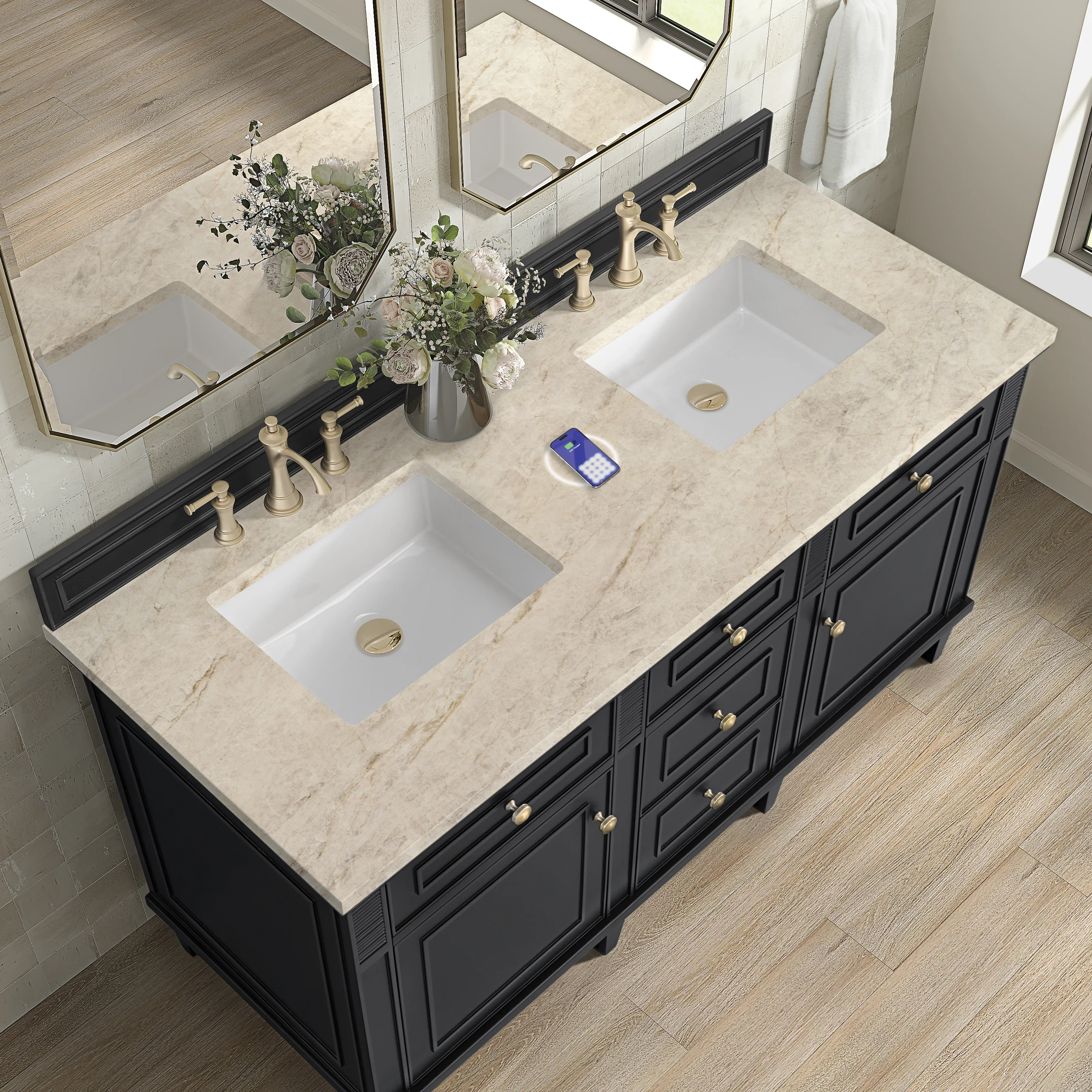 Lorelai 60" Double Vanity, Black Onyx, w/ 3 CM Tajnar Eclos Top w/FreePower Wireless Charger