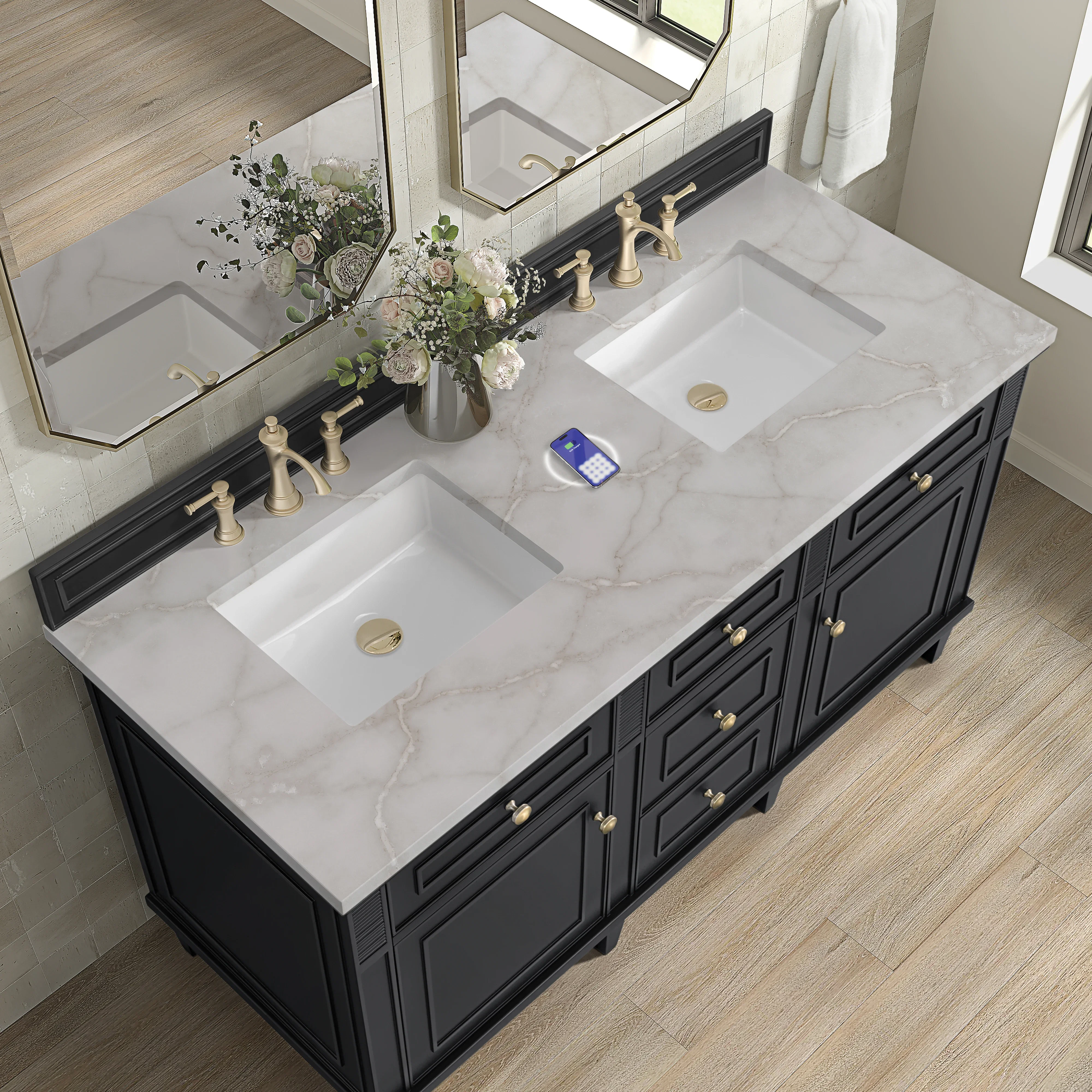 Lorelai 60" Double Vanity, Black Onyx w/ 3 CM Victorian Silver Silestone Top w/FreePower Wireless Charger