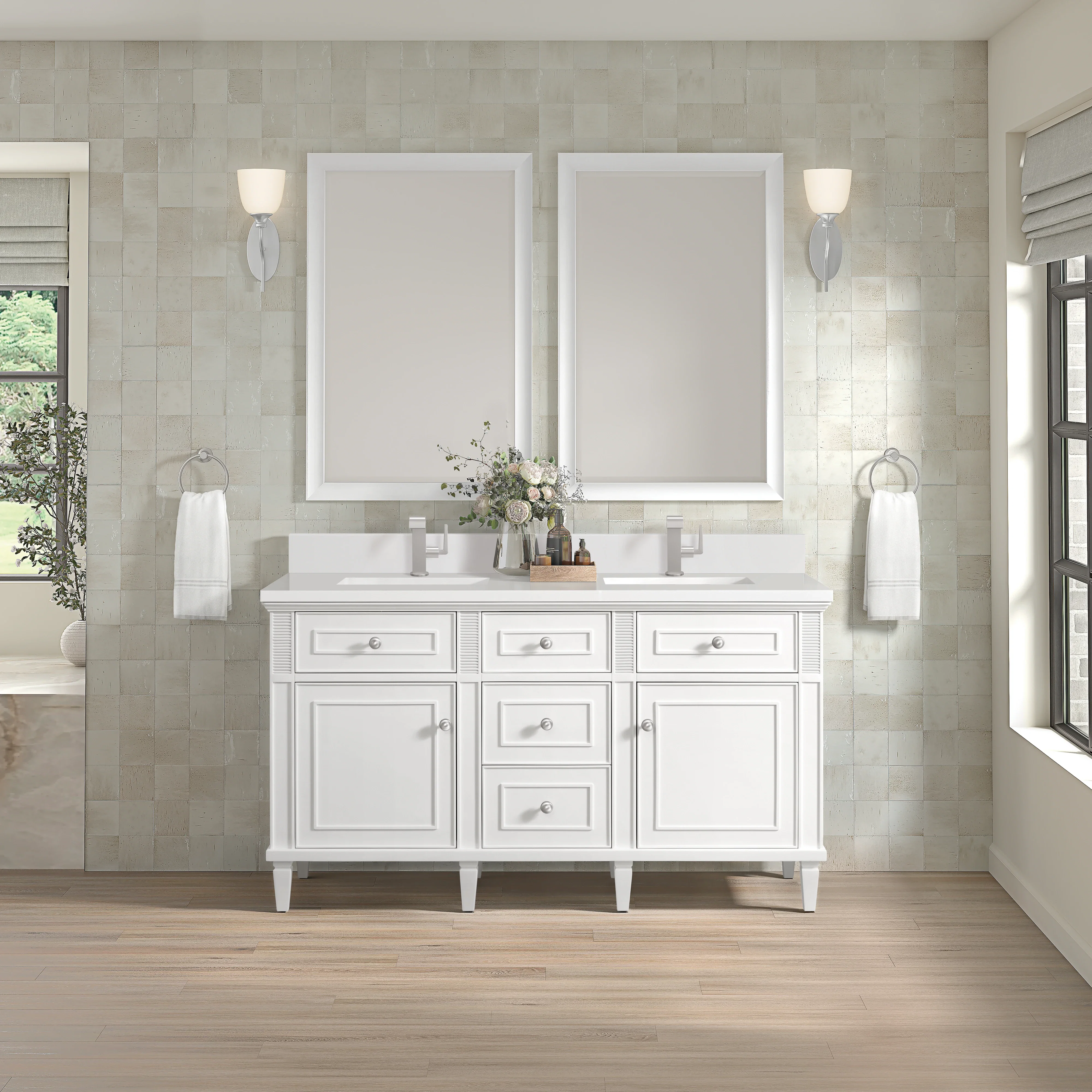 Lorelai 60" Double Vanity, Bright White w/ Single Hole 3 CM White Zeus Silestone Top & Backsplash