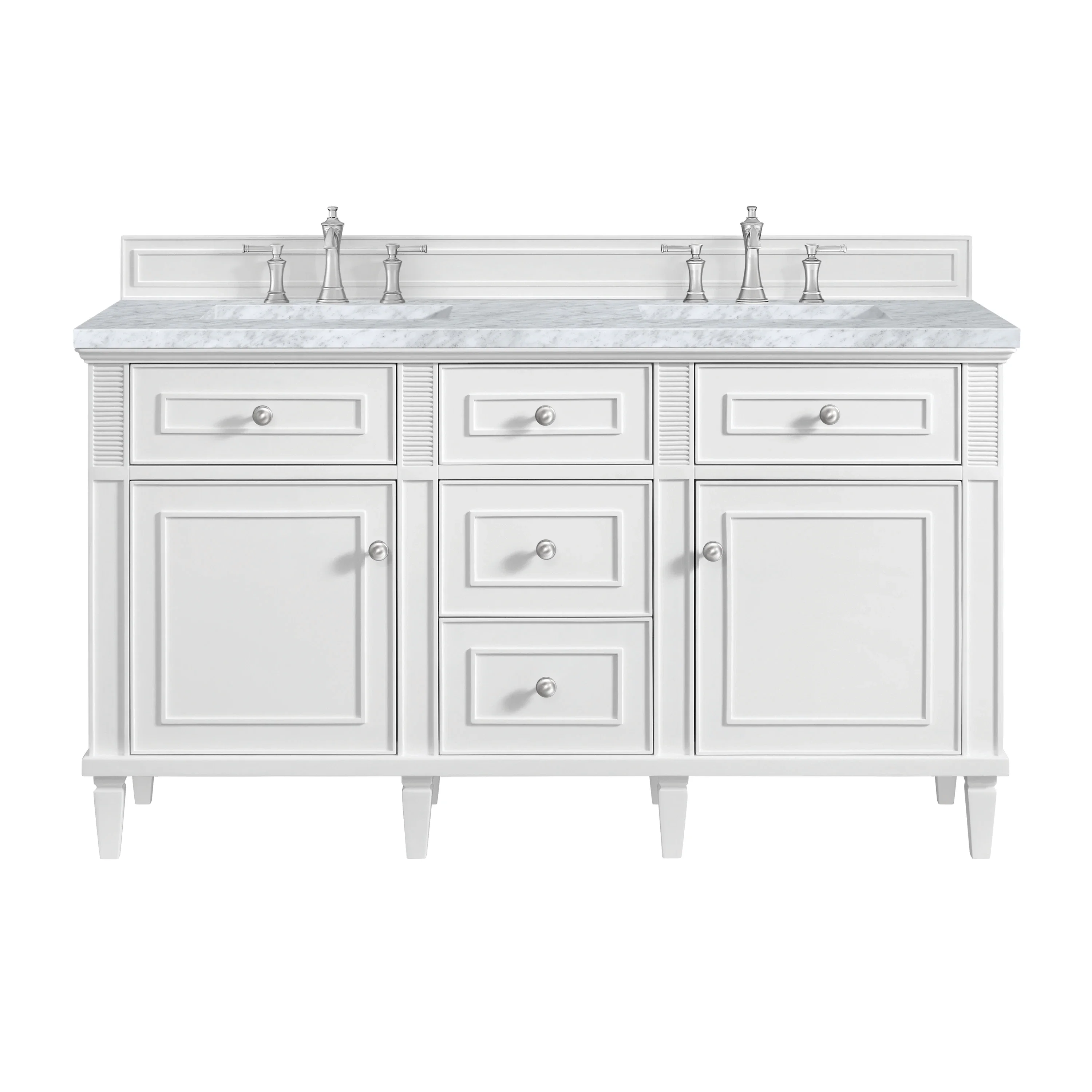 Lorelai 60" Double Vanity, Bright White w/ 3 CM Carrara White Marble Top