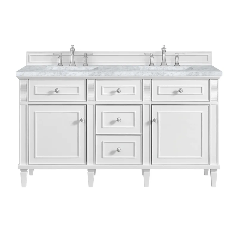 Lorelai 60" Double Vanity, Bright White w/ 3 CM Carrara White Marble Top