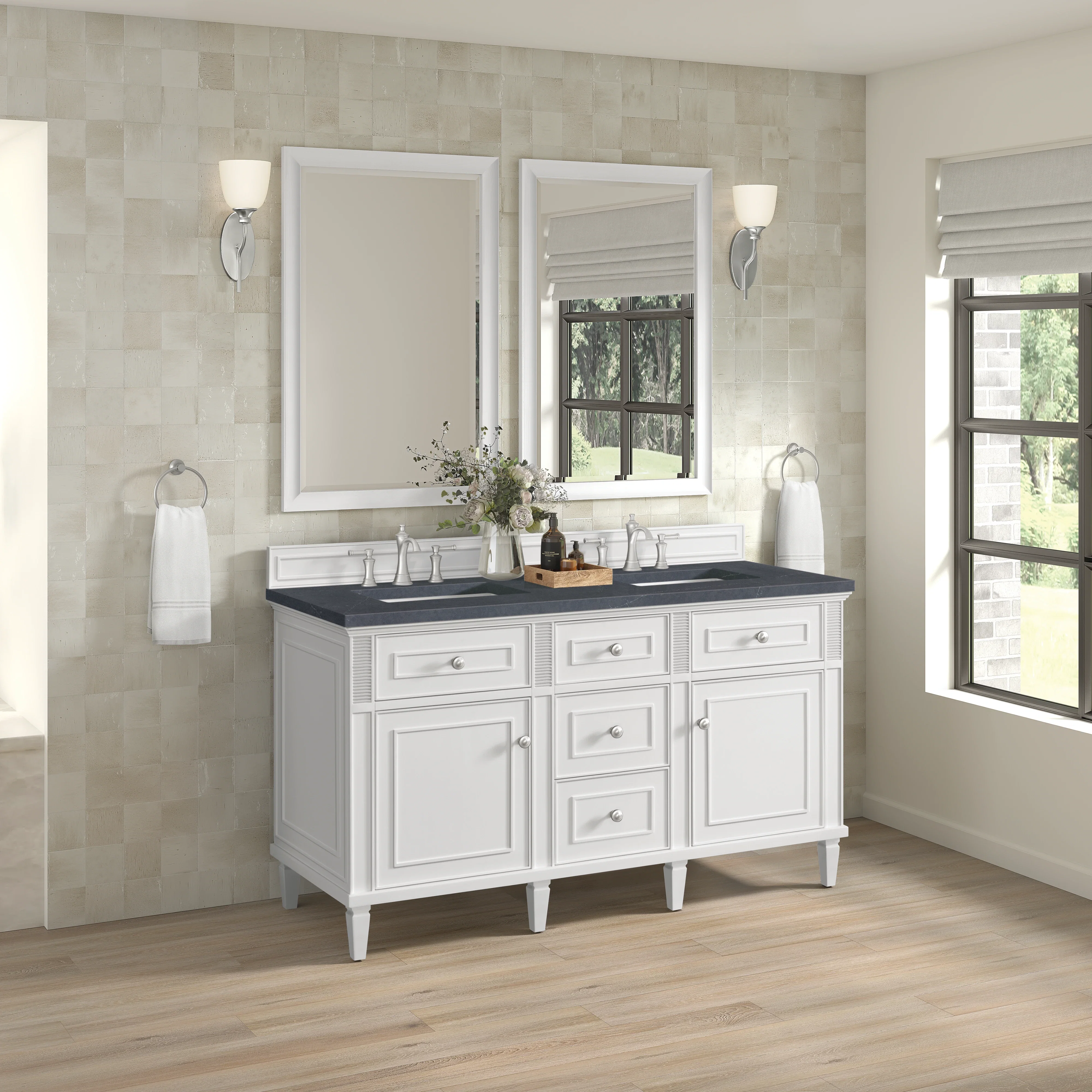 Lorelai 60" Double Vanity, Bright White w/ 3 CM Charcoal Soapstone Silestone Top