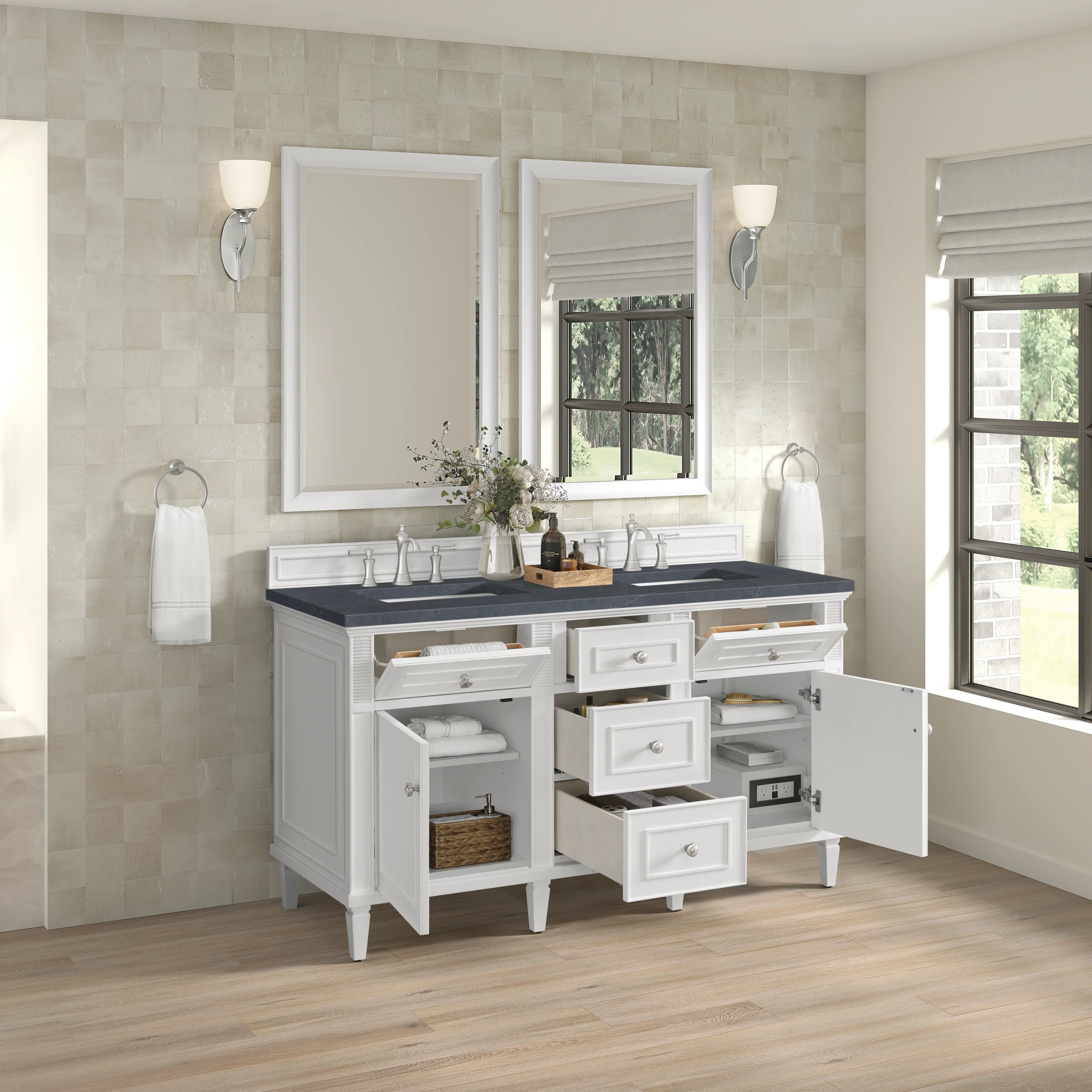 Lorelai 60" Double Vanity, Bright White w/ 3 CM Charcoal Soapstone Silestone Top