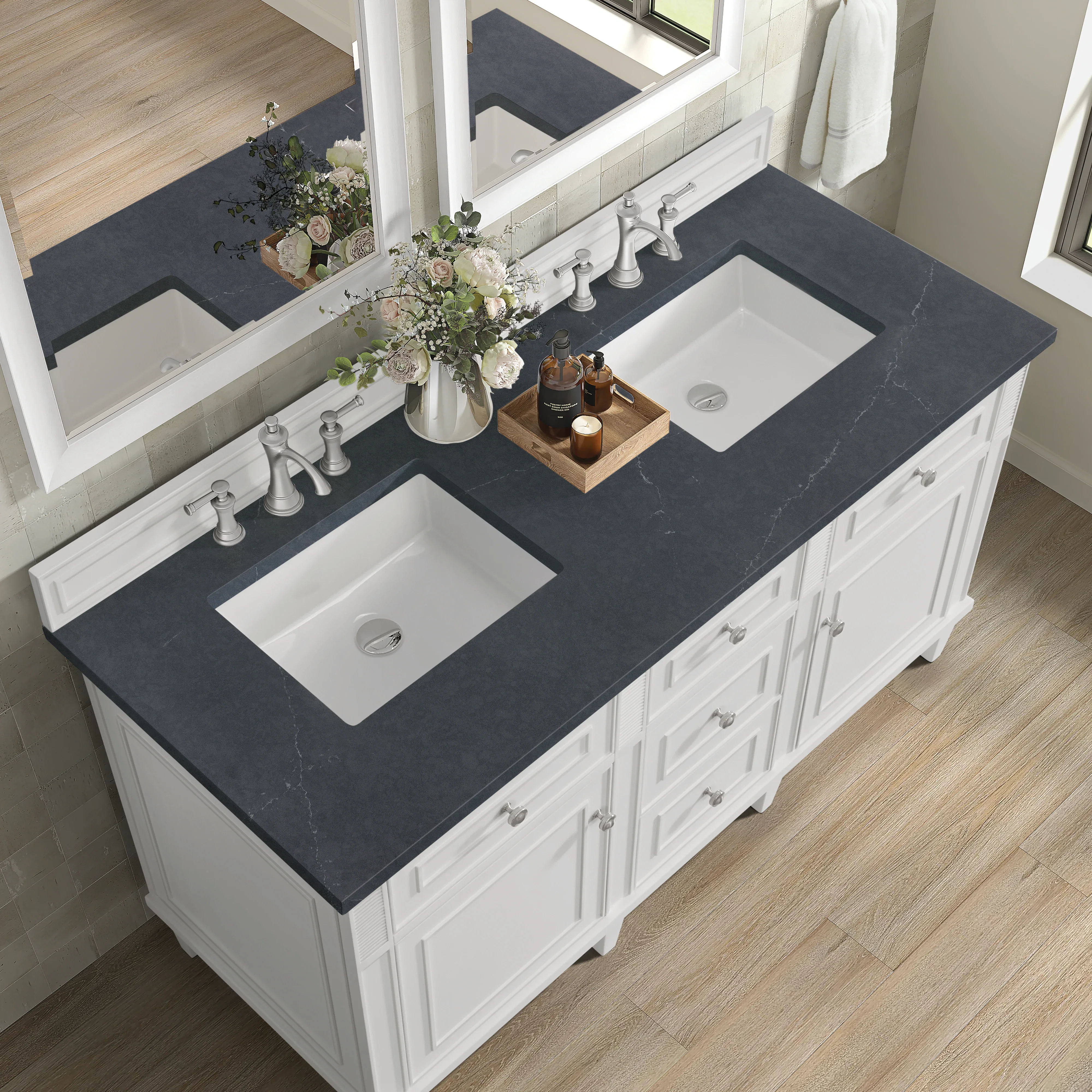 Lorelai 60" Double Vanity, Bright White w/ 3 CM Charcoal Soapstone Silestone Top