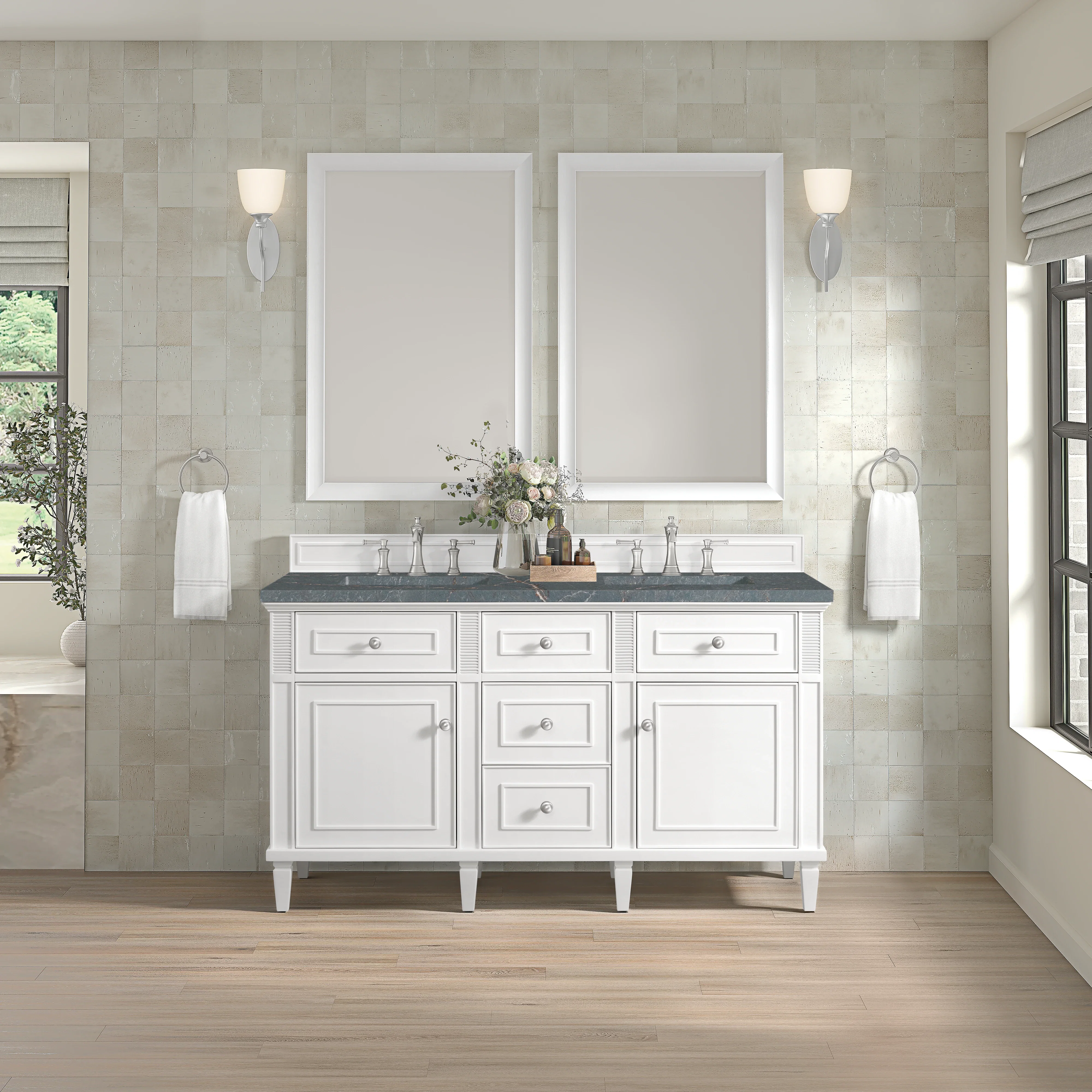 Lorelai 60" Double Vanity, Bright White w/ 3 CM Parisien Bleu Silestone Top