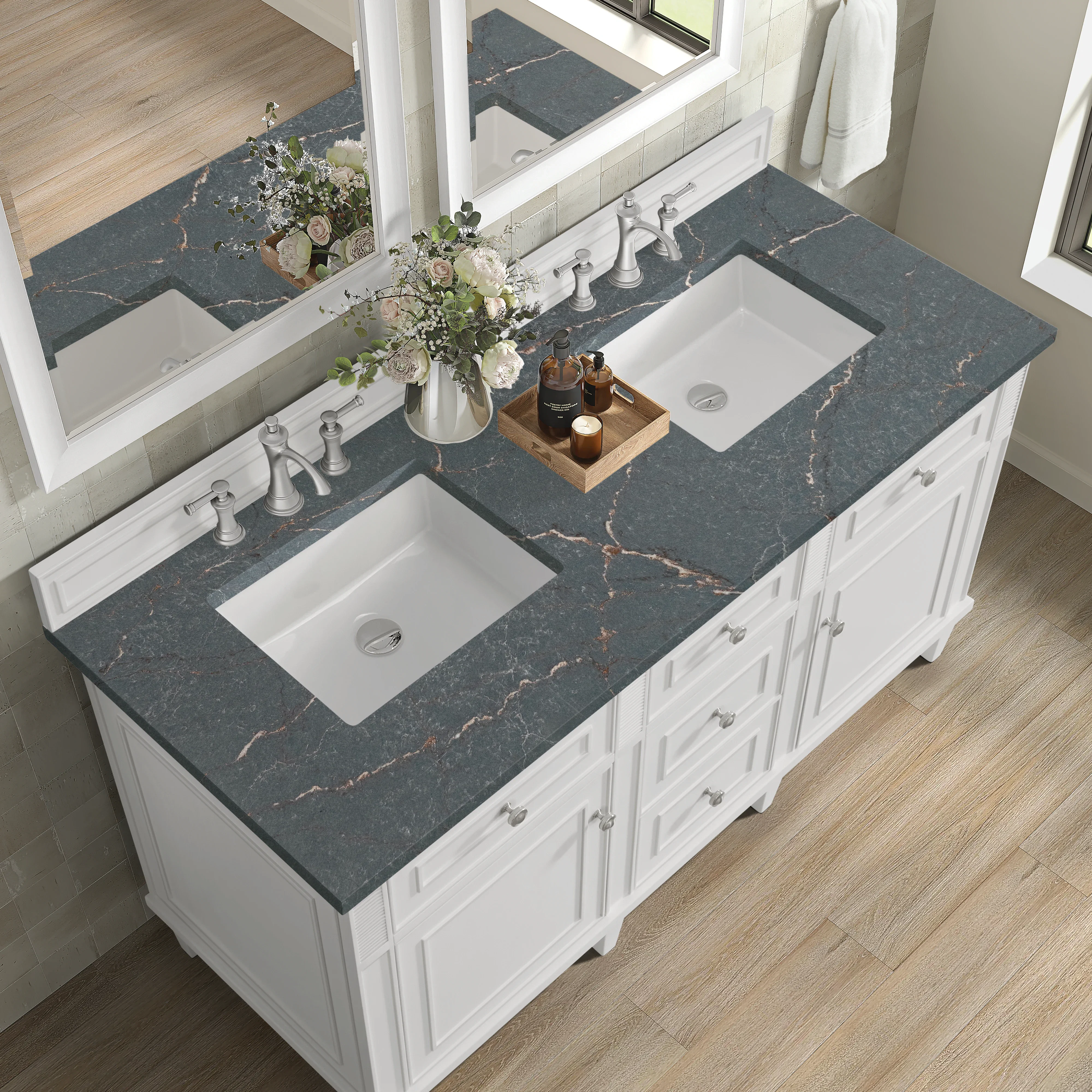 Lorelai 60" Double Vanity, Bright White w/ 3 CM Parisien Bleu Silestone Top