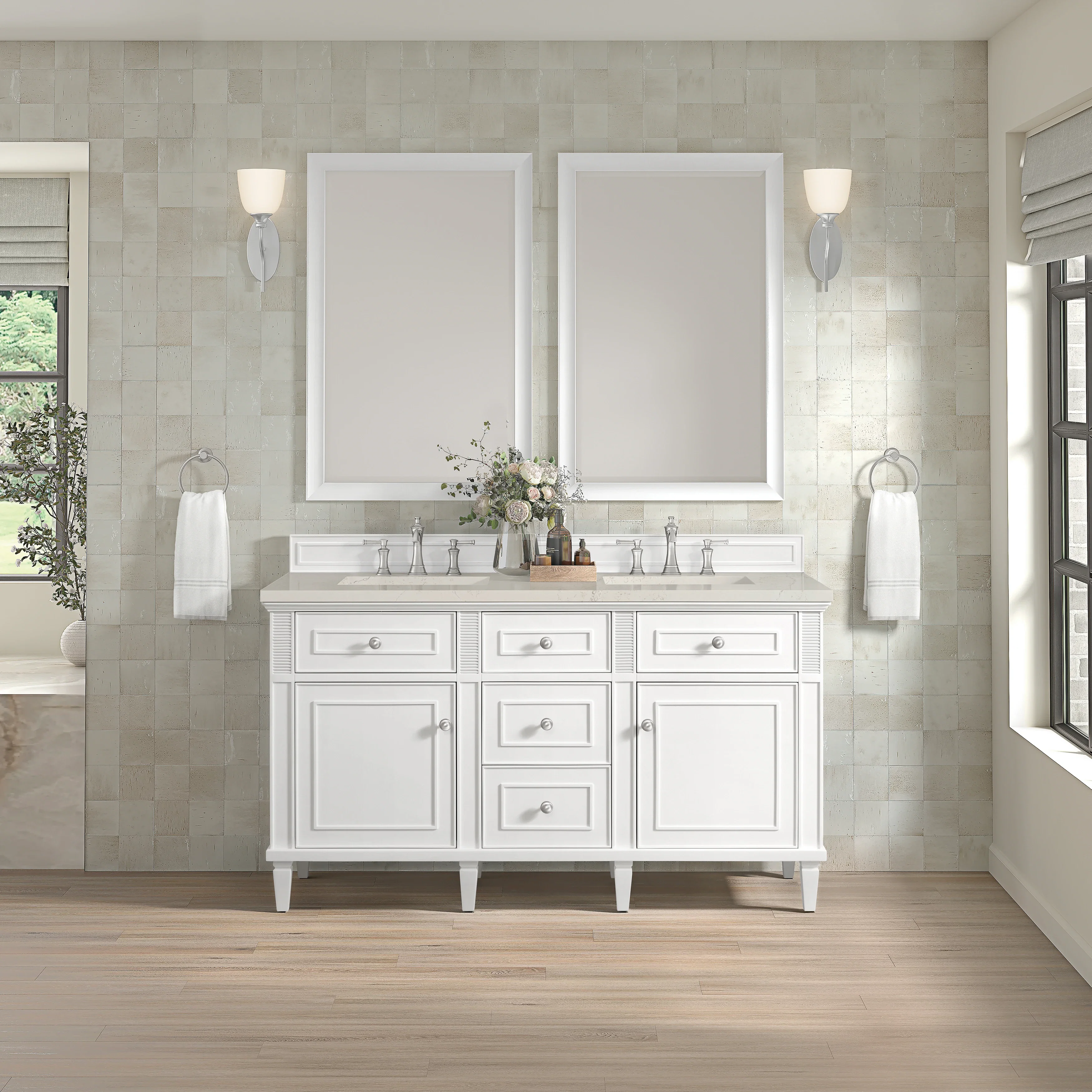 Lorelai 60" Double Vanity, Bright White, w/ 3 CM Siberian Silestone Top