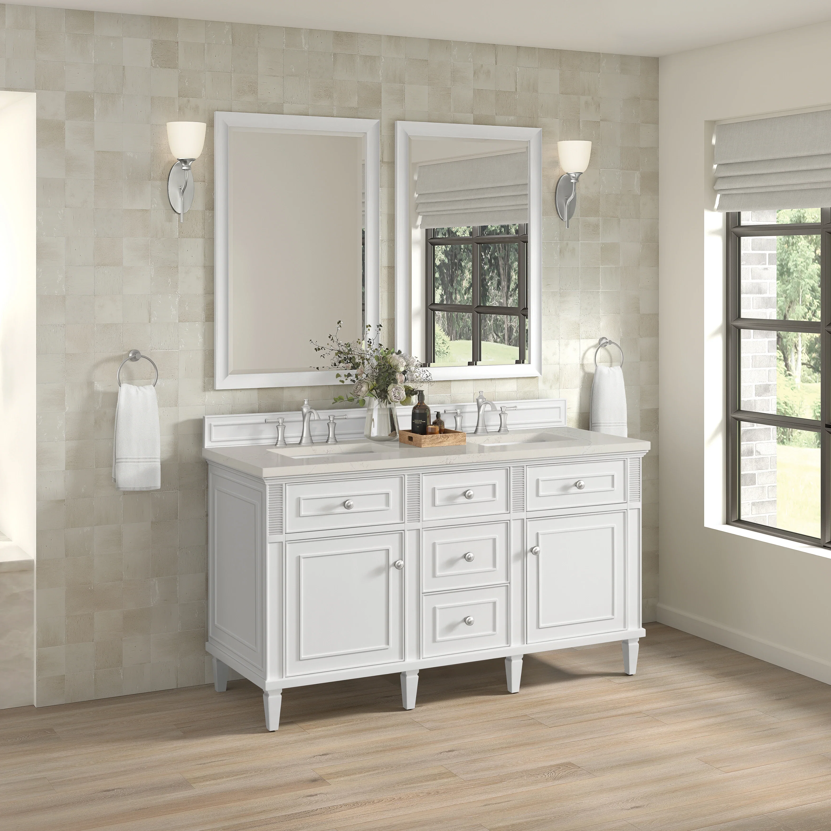 Lorelai 60" Double Vanity, Bright White, w/ 3 CM Siberian Silestone Top
