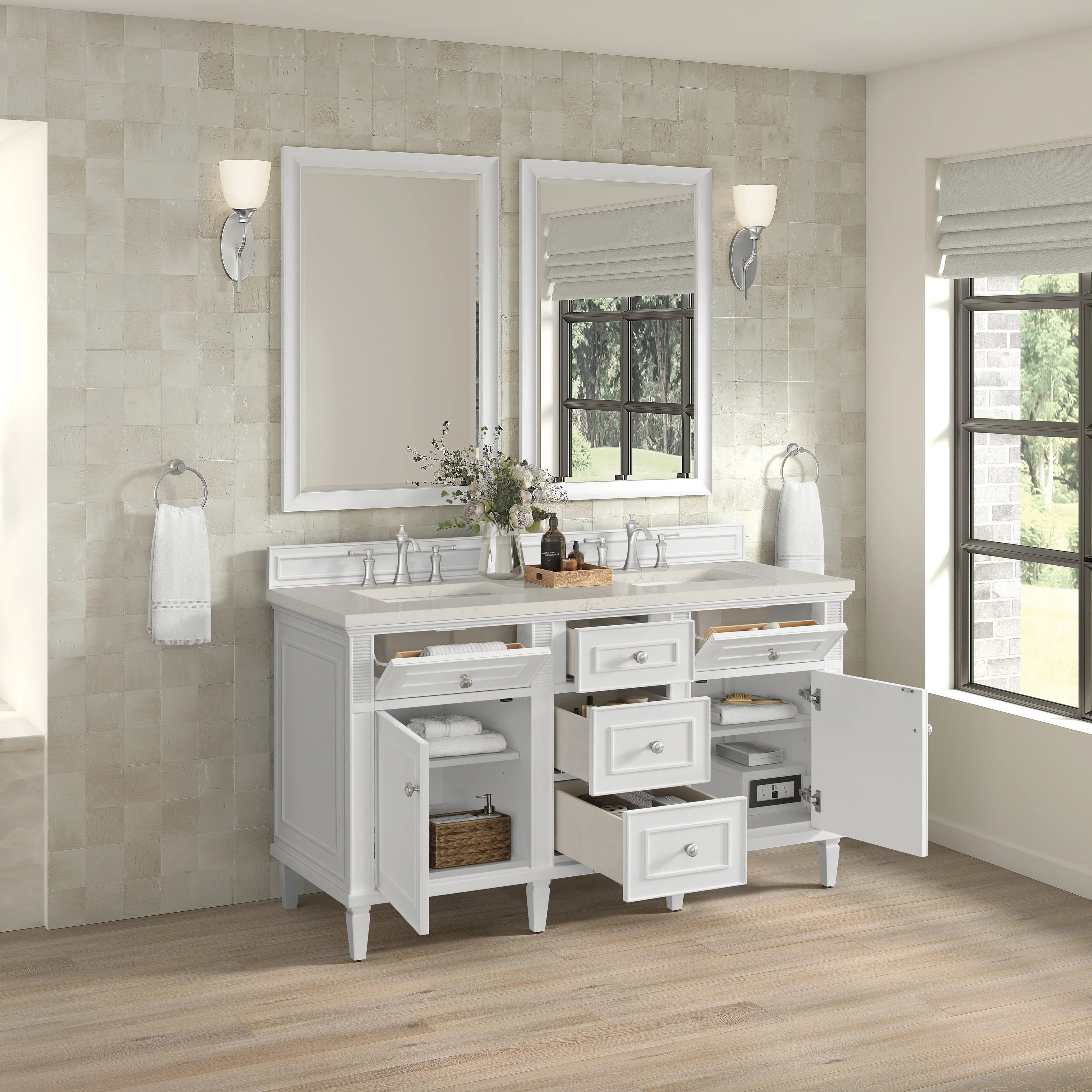 Lorelai 60" Double Vanity, Bright White, w/ 3 CM Siberian Silestone Top