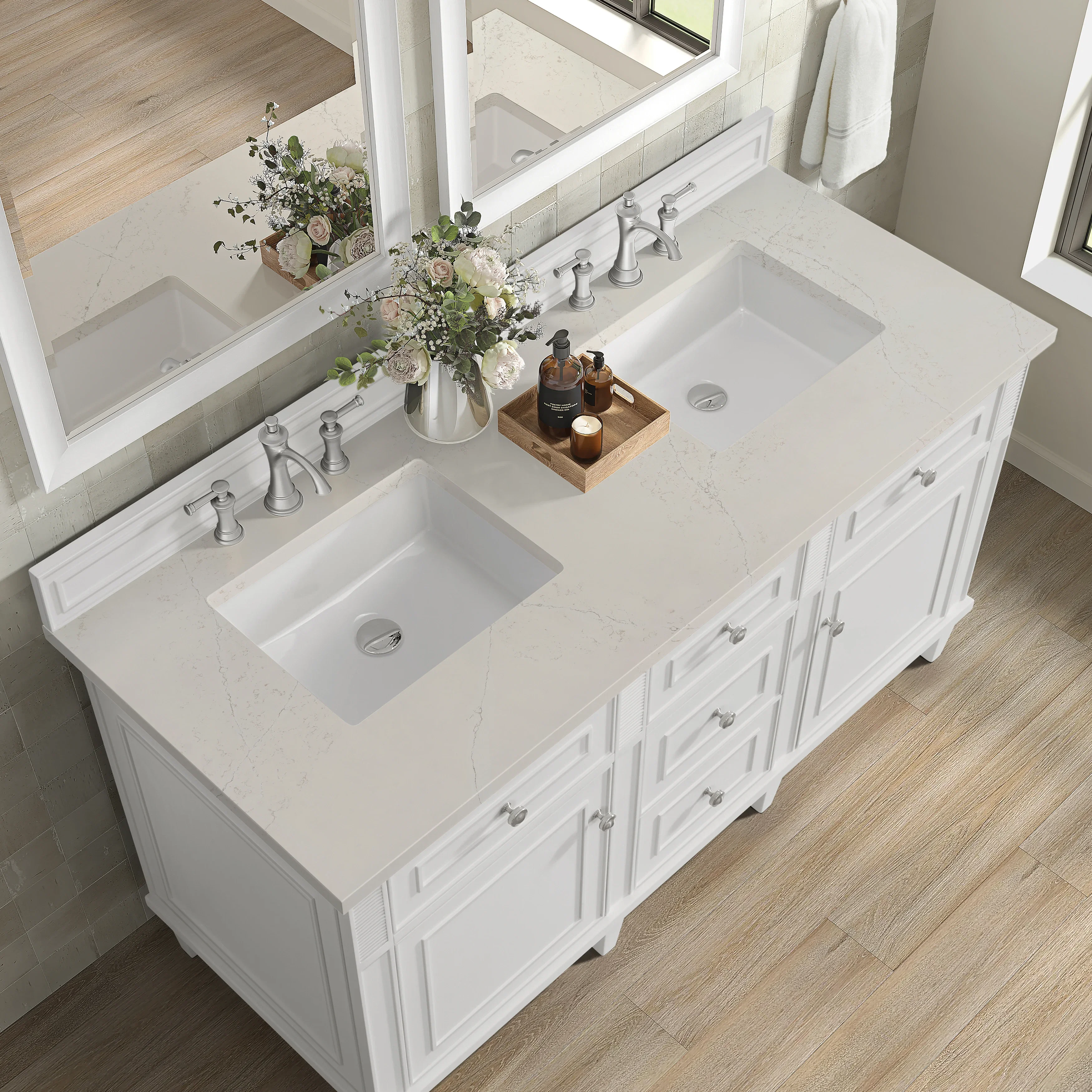 Lorelai 60" Double Vanity, Bright White, w/ 3 CM Siberian Silestone Top