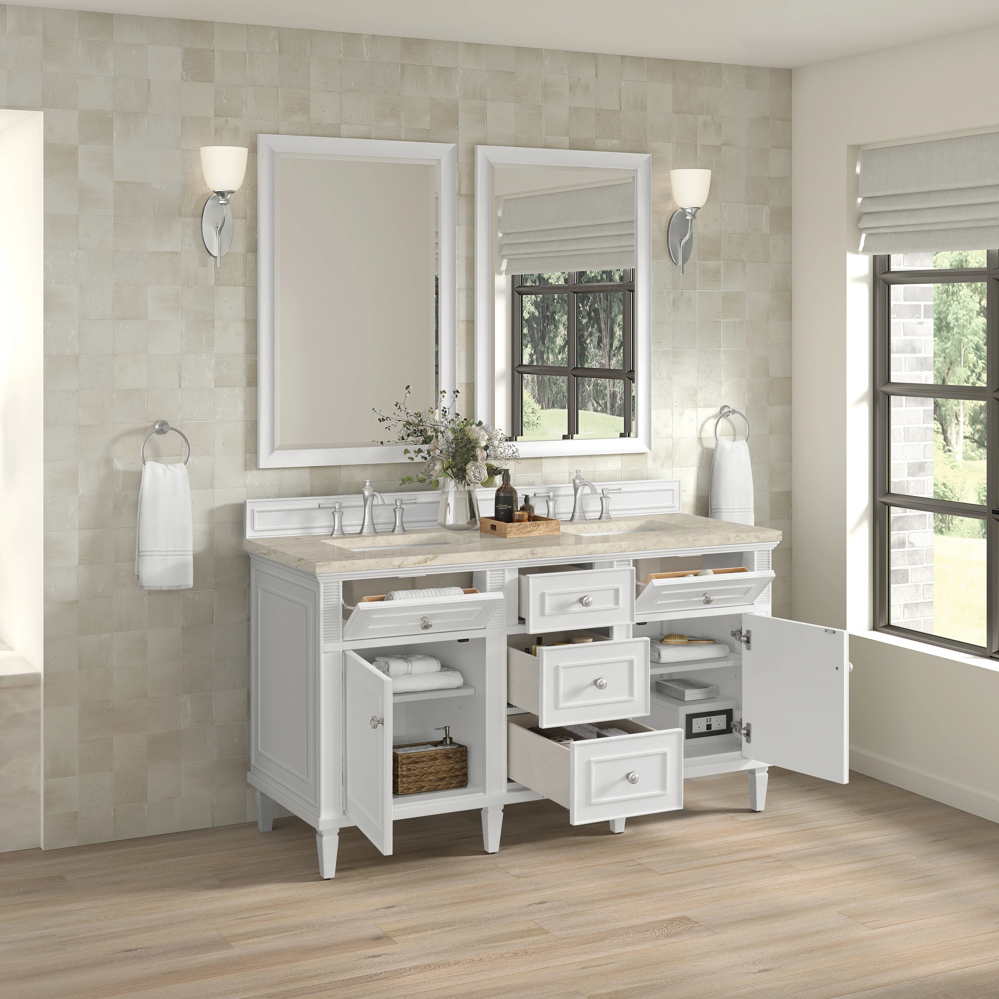 Lorelai 60" Double Vanity, Bright White, w/ 3 CM Tajnar Eclos Top