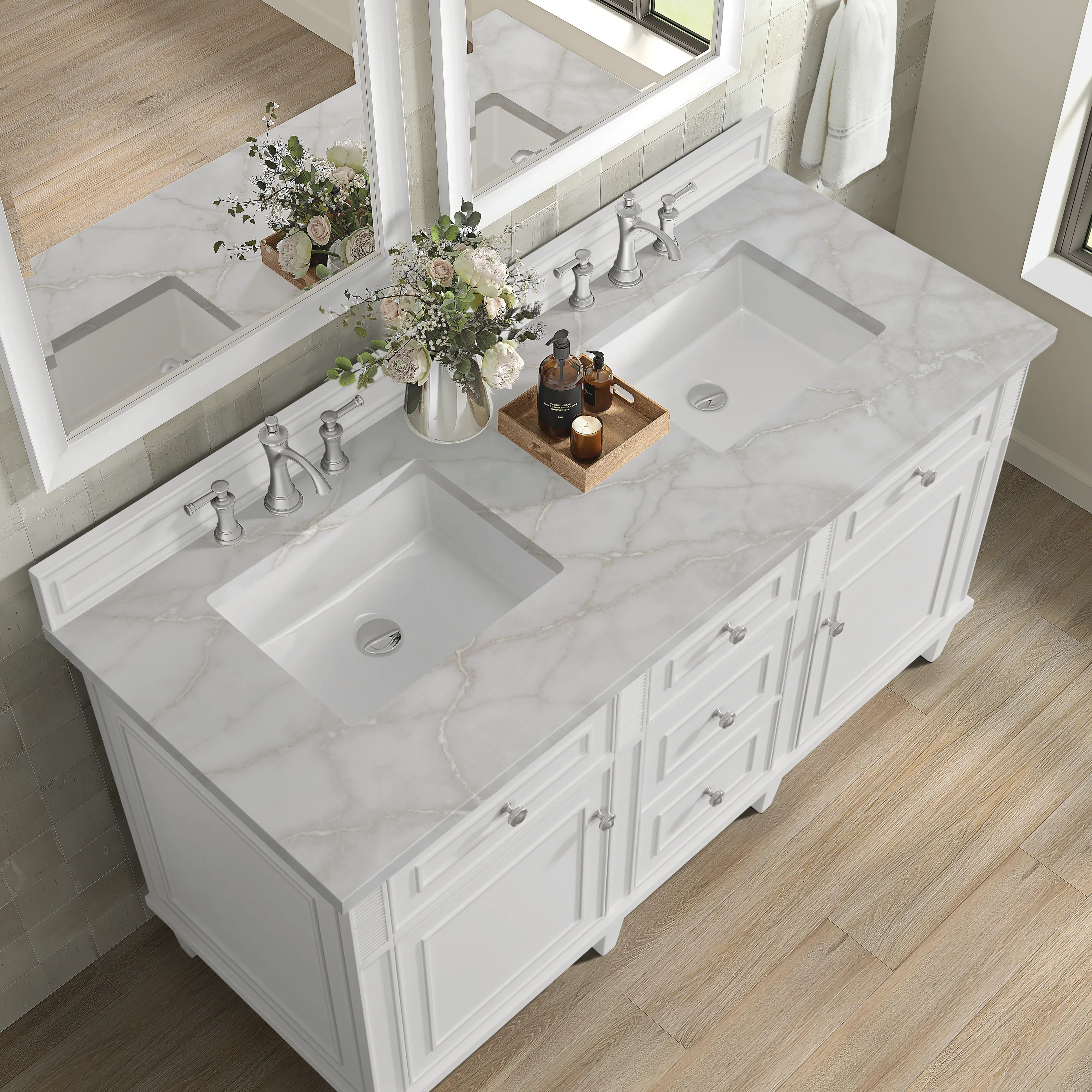 Lorelai 60" Double Vanity, Bright White w/ 3 CM Victorian Silver Silestone Top