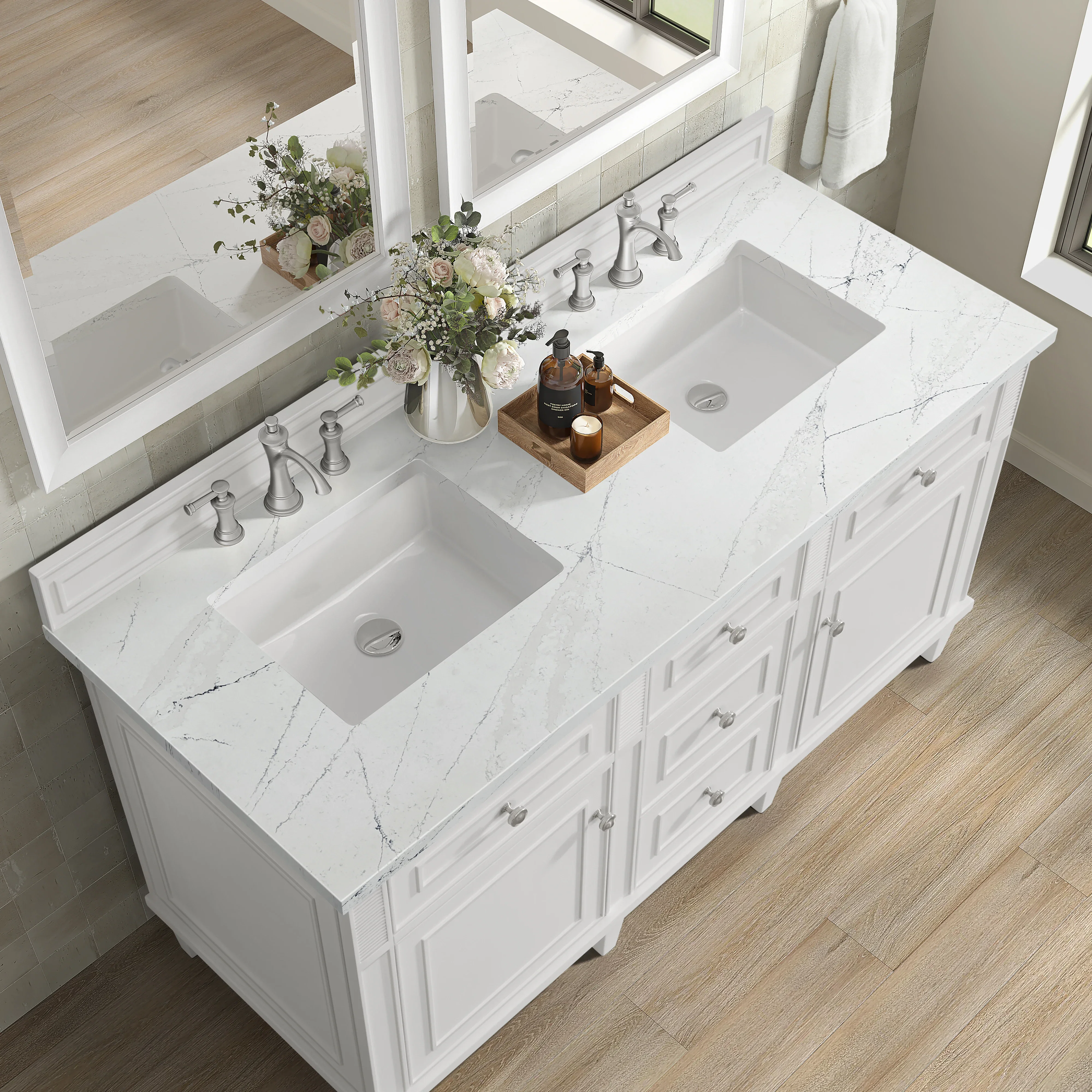 Lorelai 60" Double Vanity, Bright White w/ 3 CM White Zeus Silestone Top
