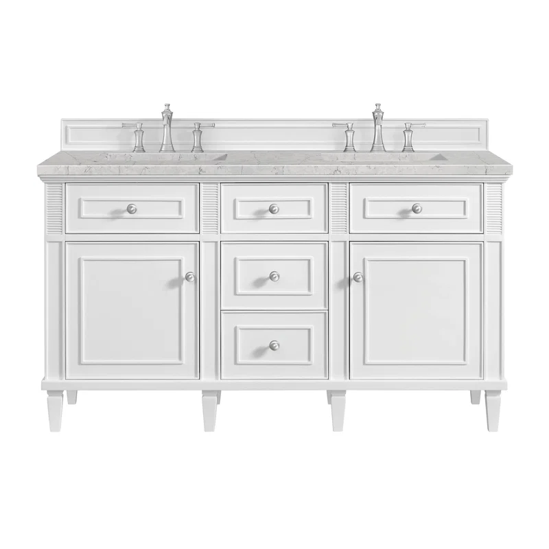 Lorelai 60" Double Vanity, Bright White w/ 3 CM Eternal Jasmine Pearl Silestone Top w/FreePower Wireless Charger