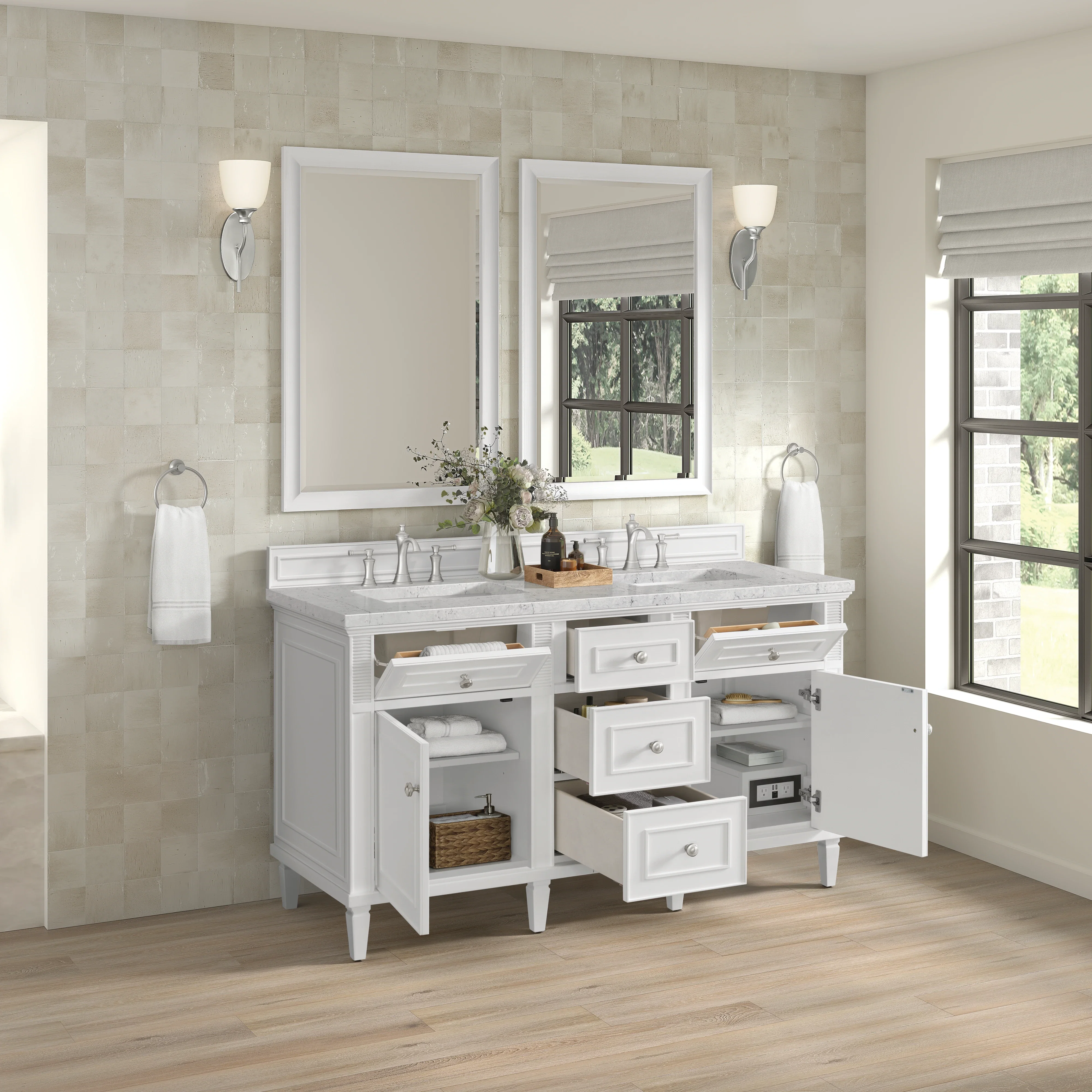Lorelai 60" Double Vanity, Bright White w/ 3 CM Eternal Jasmine Pearl Silestone Top w/FreePower Wireless Charger
