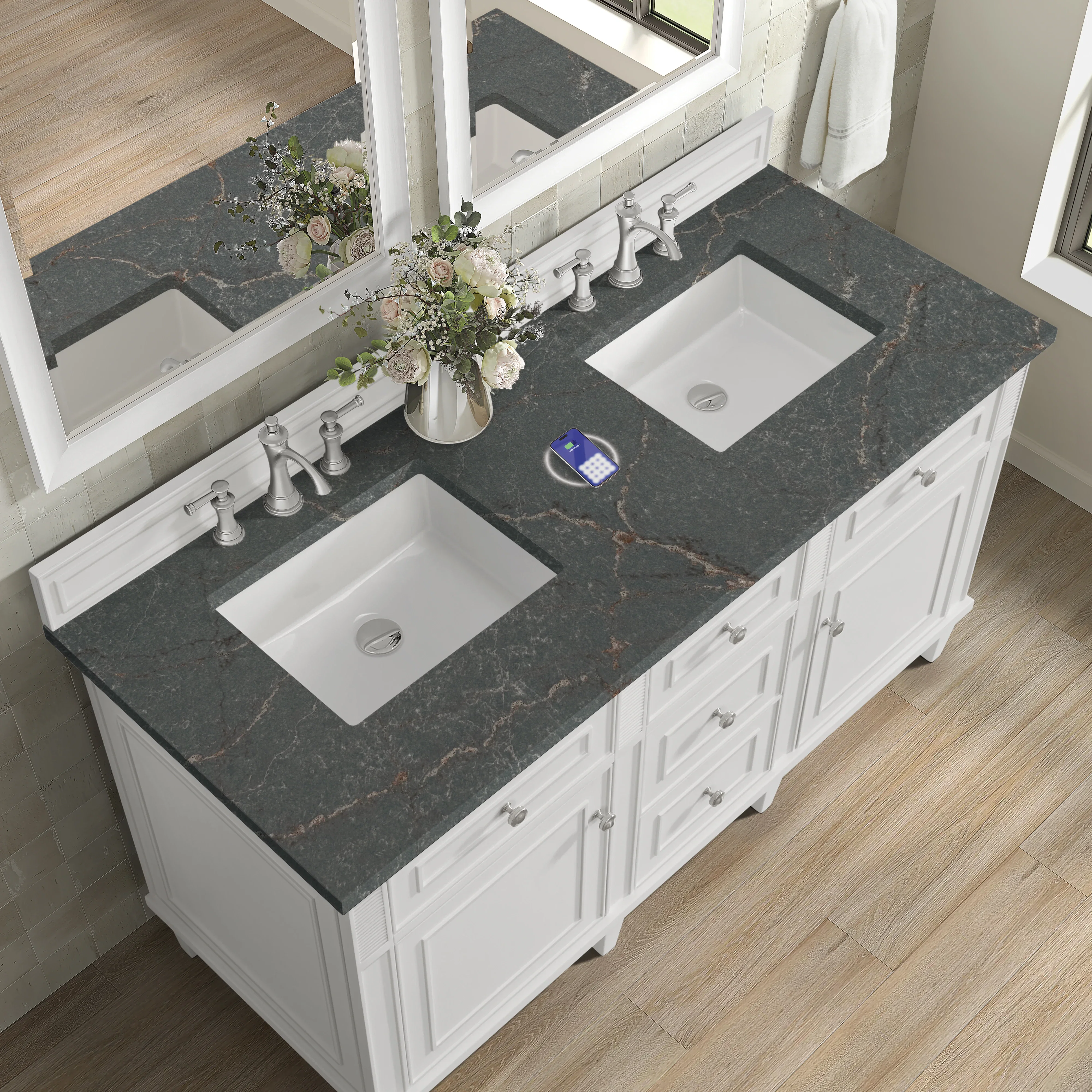 Lorelai 60" Double Vanity, Bright White w/ 3 CM Parisien Bleu Silestone Top w/FreePower Wireless Charger