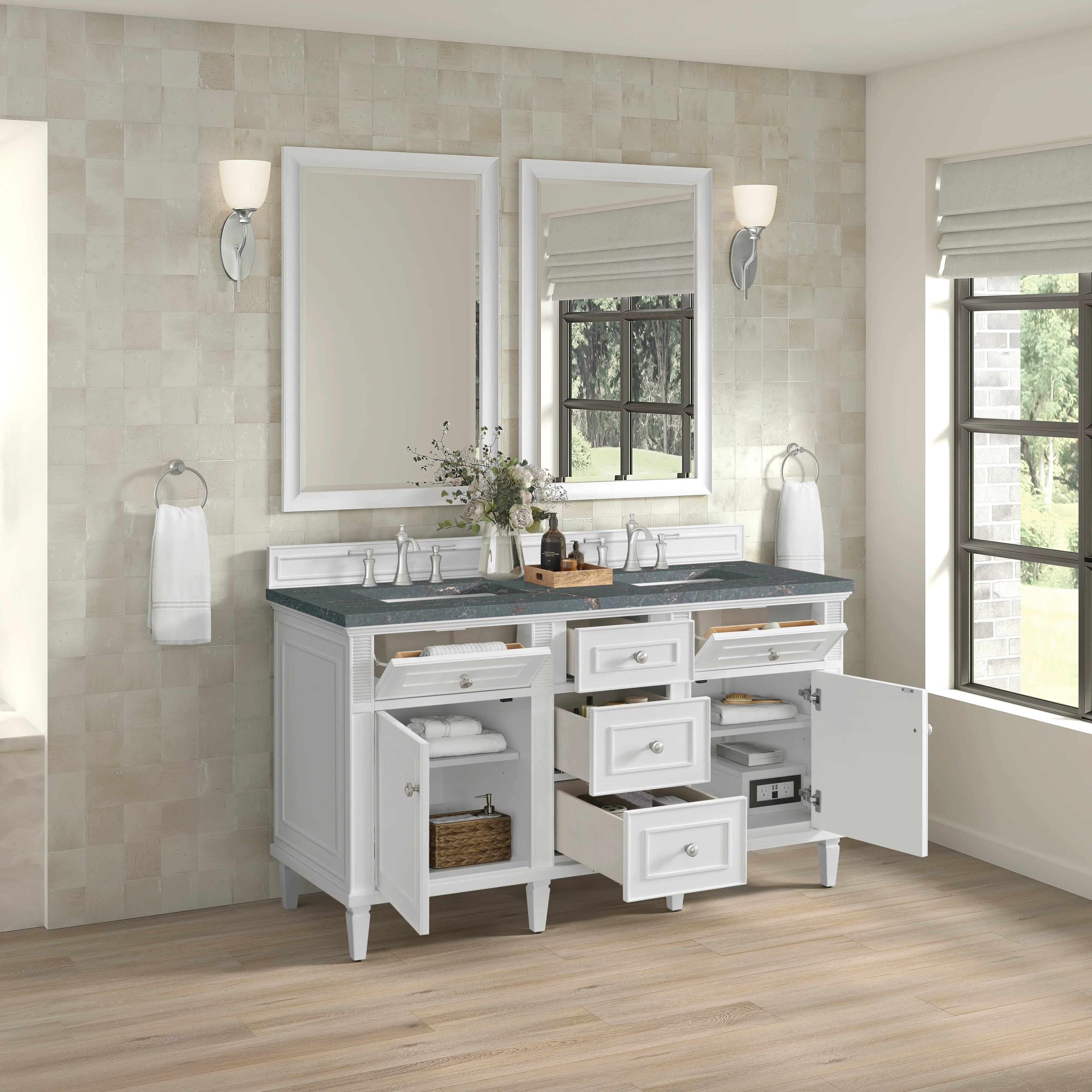 Lorelai 60" Double Vanity, Bright White w/ 3 CM Parisien Bleu Silestone Top w/FreePower Wireless Charger