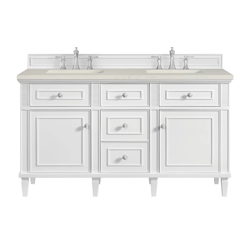 Lorelai 60" Double Vanity, Bright White, w/ 3 CM Siberian Silestone Top w/FreePower Wireless Charger
