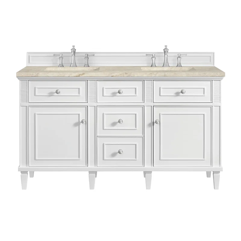Lorelai 60" Double Vanity, Bright White, w/ 3 CM Tajnar Eclos Top w/FreePower Wireless Charger