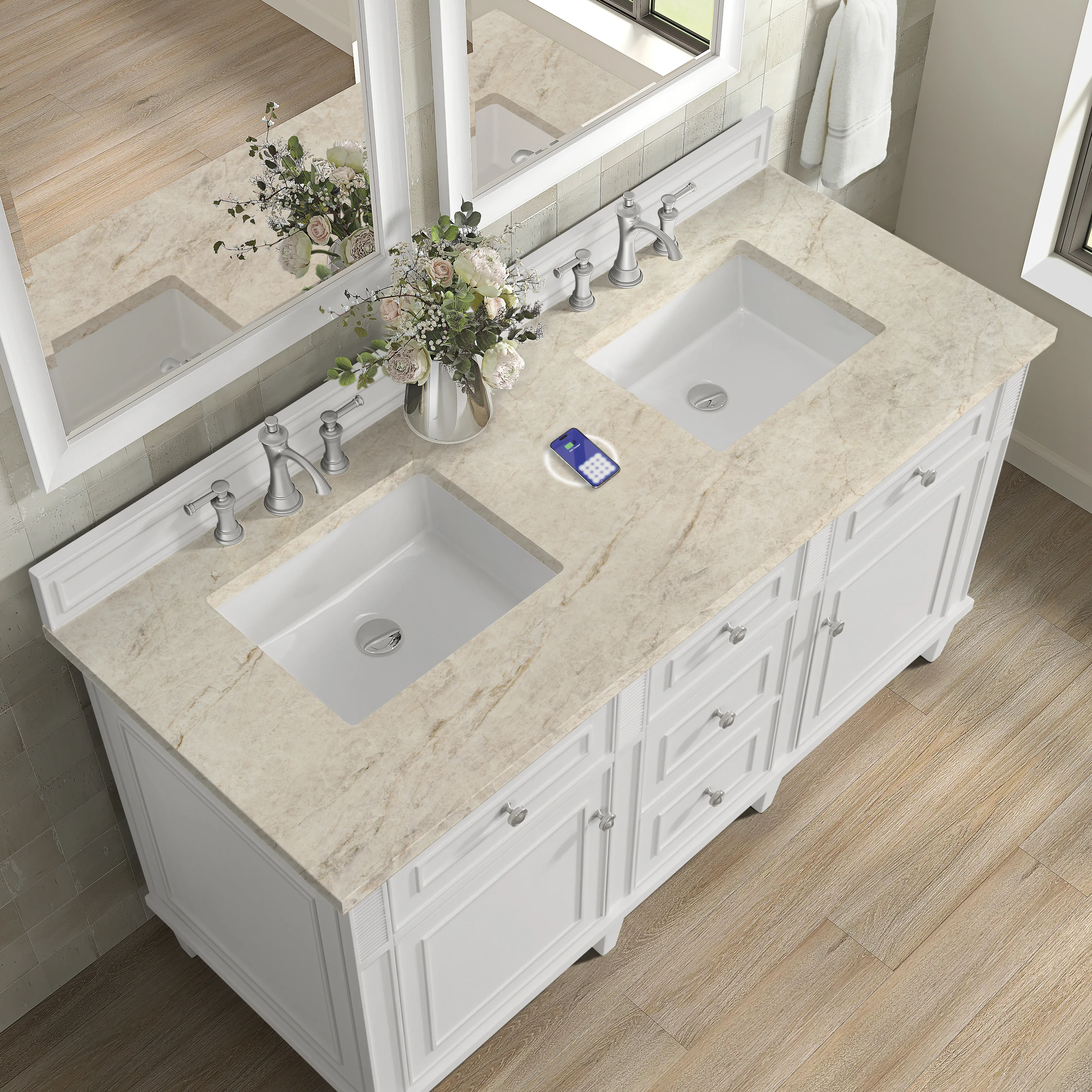 Lorelai 60" Double Vanity, Bright White, w/ 3 CM Tajnar Eclos Top w/FreePower Wireless Charger