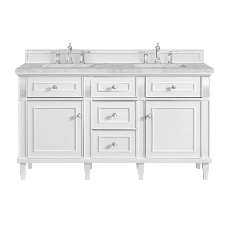 Lorelai 60" Double Vanity, Bright White w/ 3 CM Victorian Silver Silestone Top w/FreePower Wireless Charger
