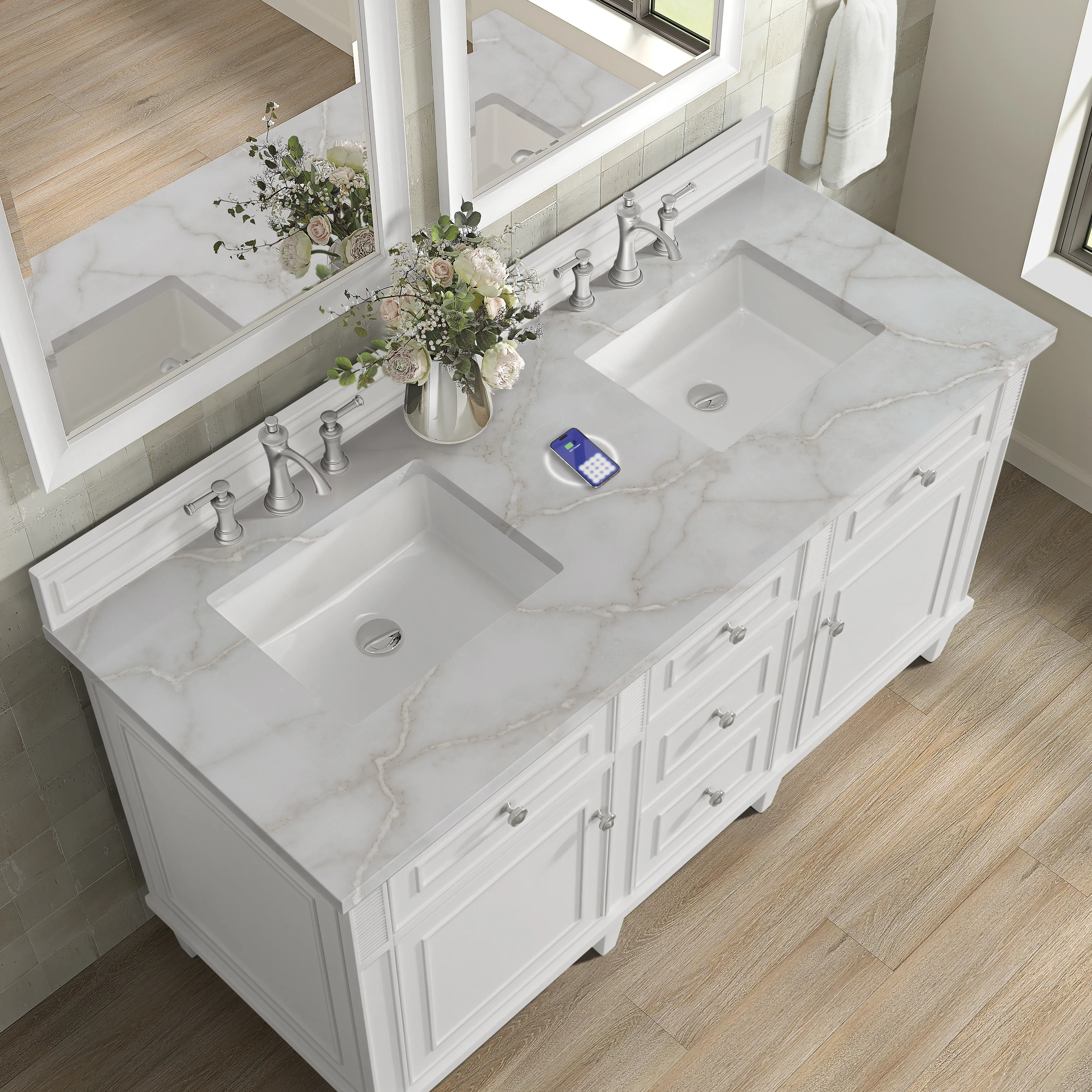 Lorelai 60" Double Vanity, Bright White w/ 3 CM Victorian Silver Silestone Top w/FreePower Wireless Charger