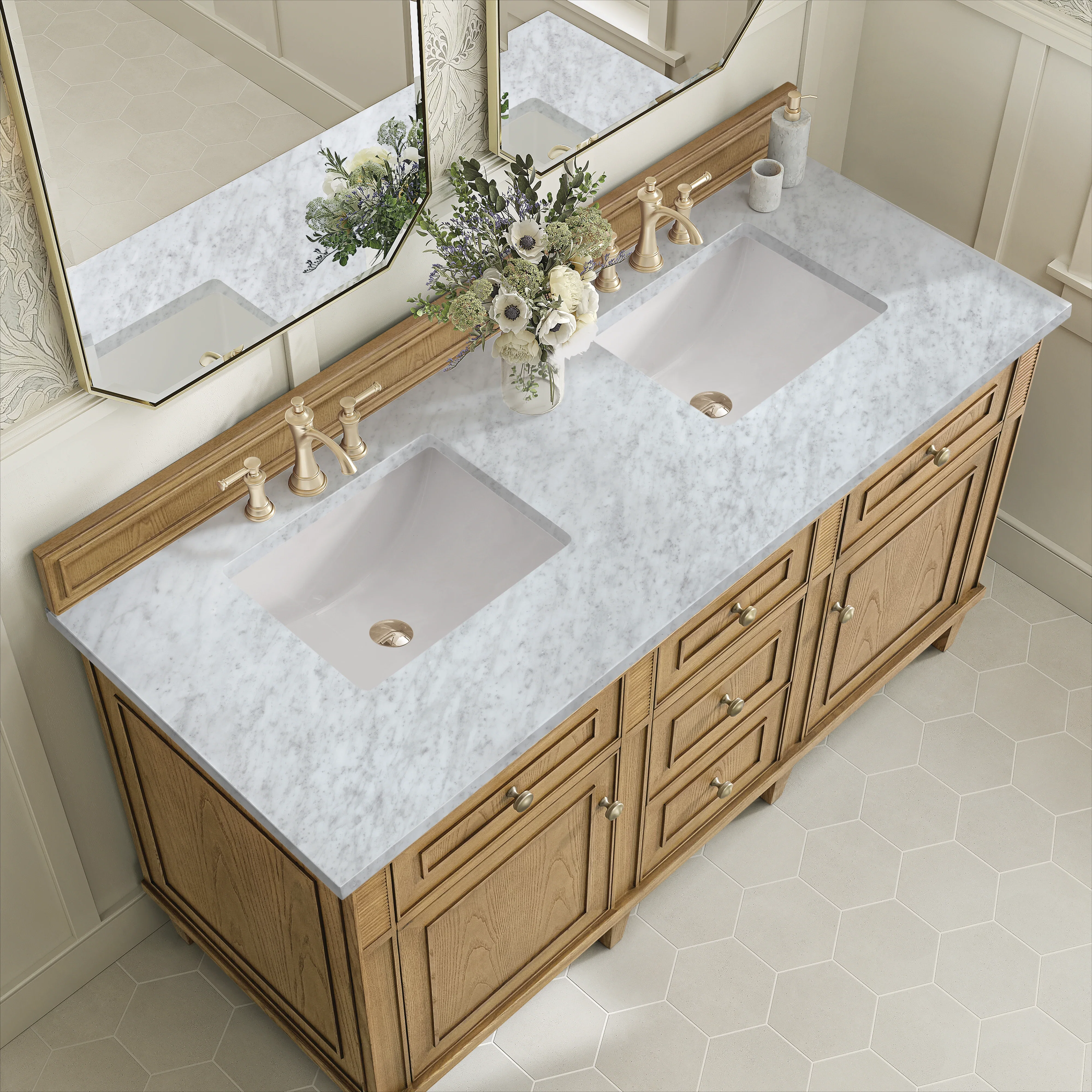 Lorelai 60" Double Vanity, Light Natural Oak w/ 3 CM Carrara White Marble Top