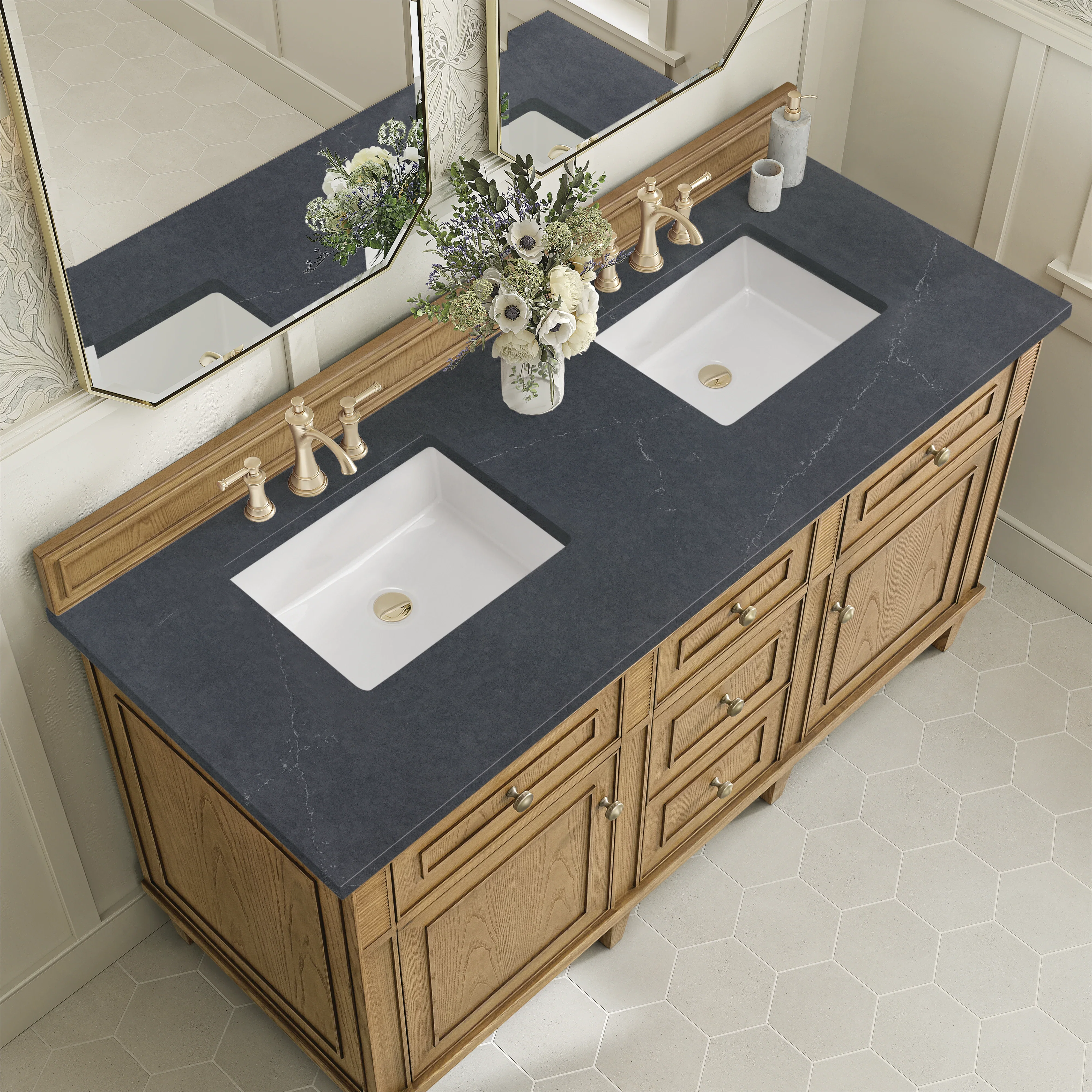 Lorelai 60" Double Vanity, Light Natural Oak w/ 3 CM Charcoal Soapstone Silestone Top