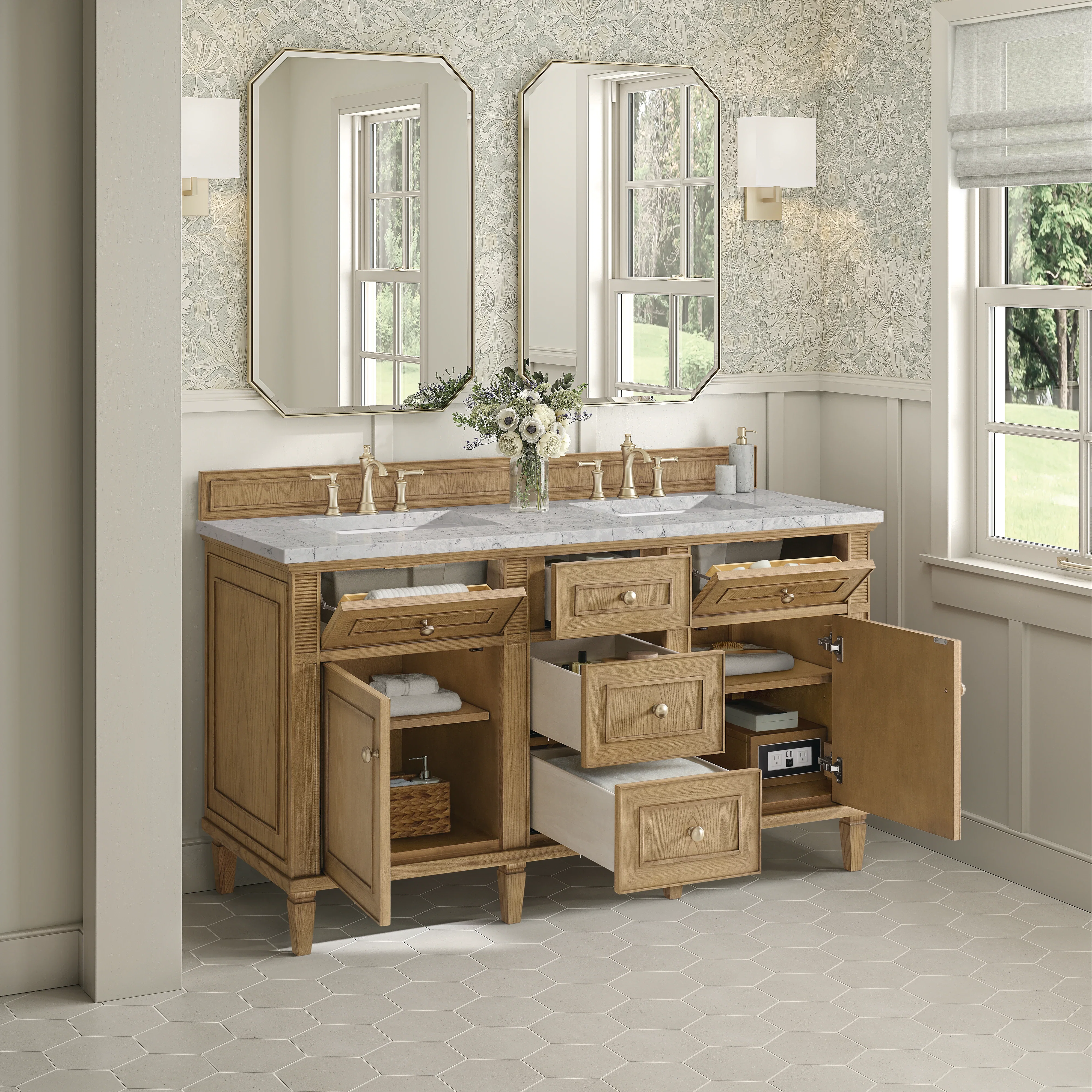 Lorelai 60" Double Vanity, Light Natural Oak w/ 3 CM Eternal Jasmine Pearl Silestone Top