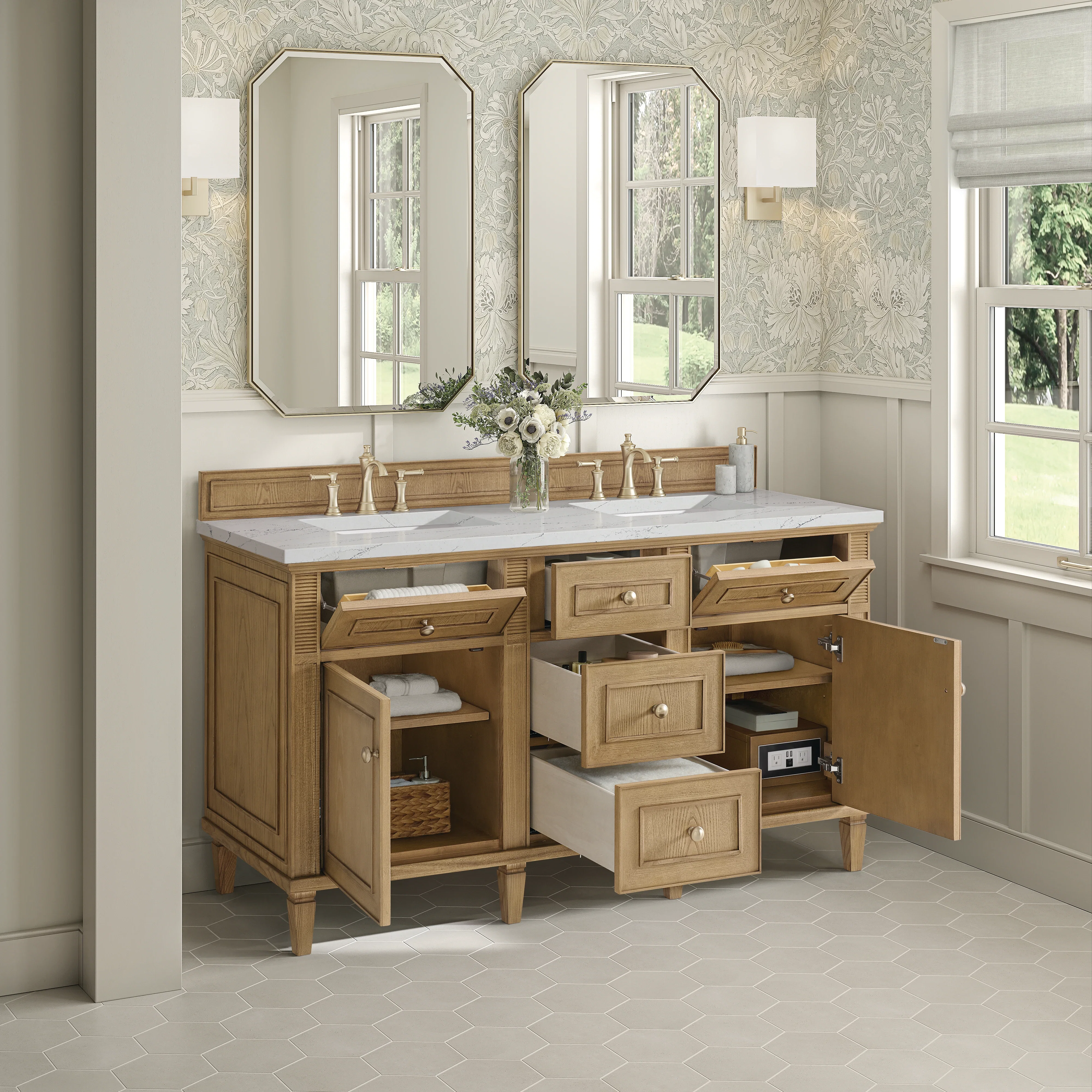 Lorelai 60" Double Vanity, Light Natural Oak w/ 3 CM Ethereal Noctis Silestone Top