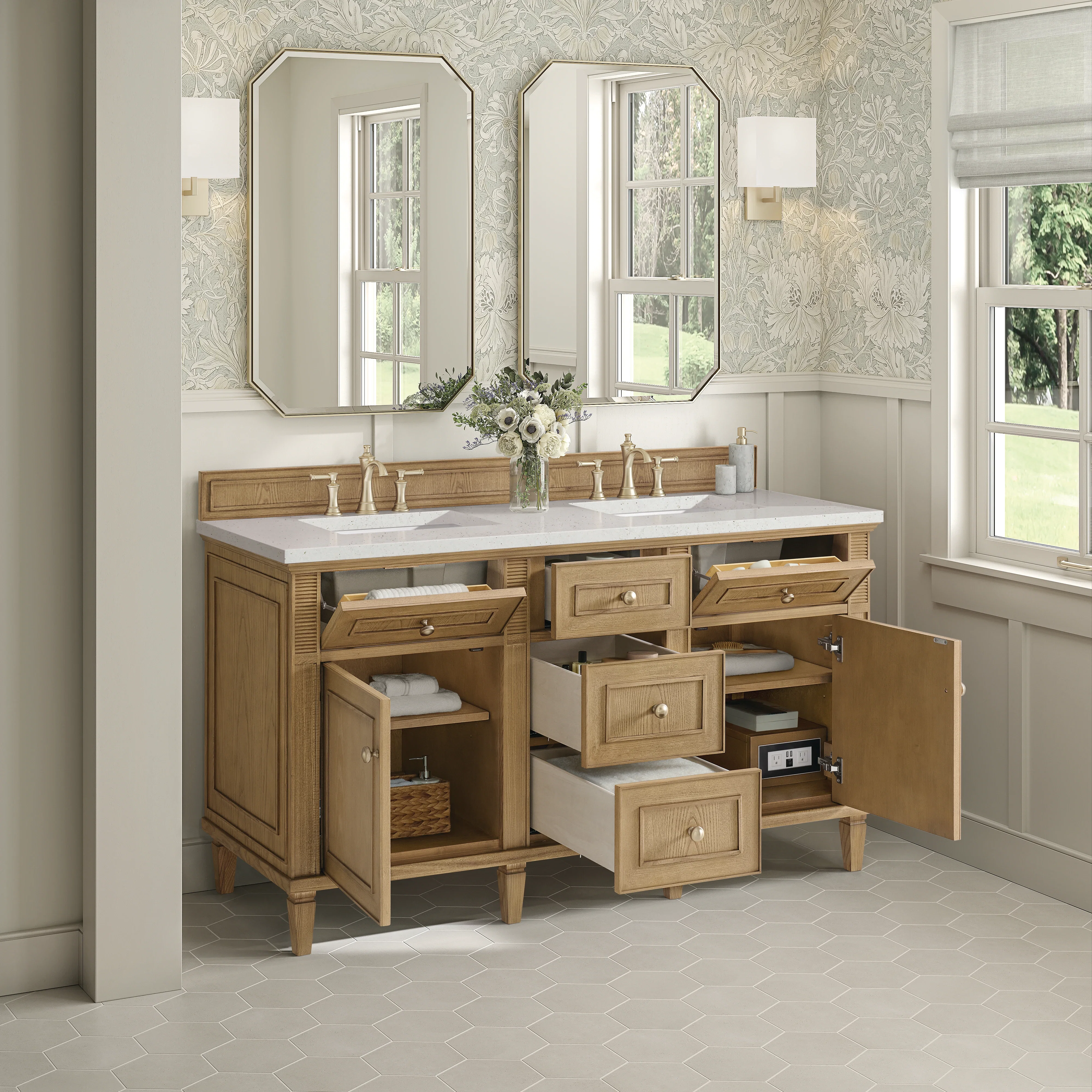 Lorelai 60" Double Vanity, Light Natural Oak w/ 3 CM Lime Delight Silestone Top