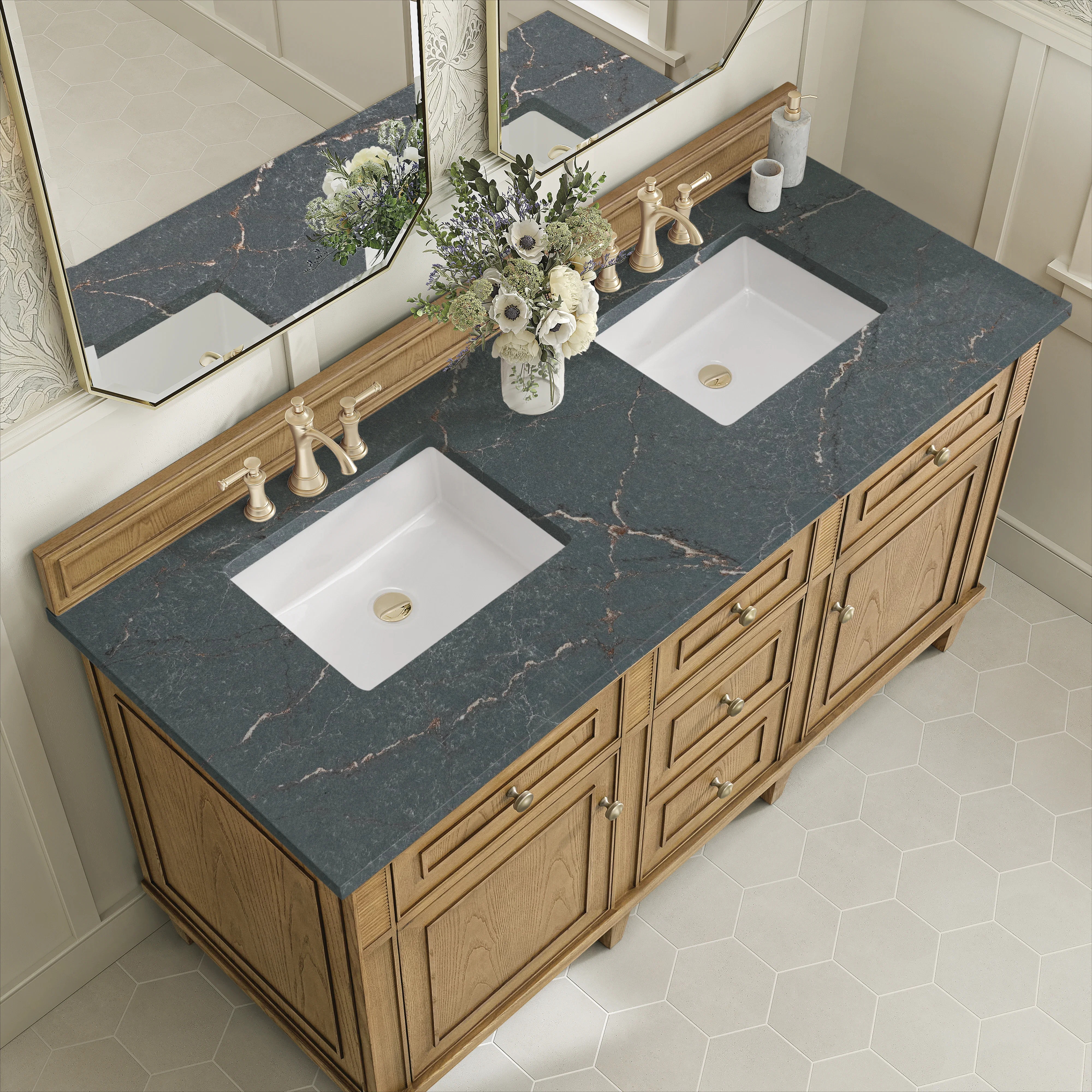 Lorelai 60" Double Vanity, Light Natural Oak w/ 3 CM Parisien Bleu Silestone Top