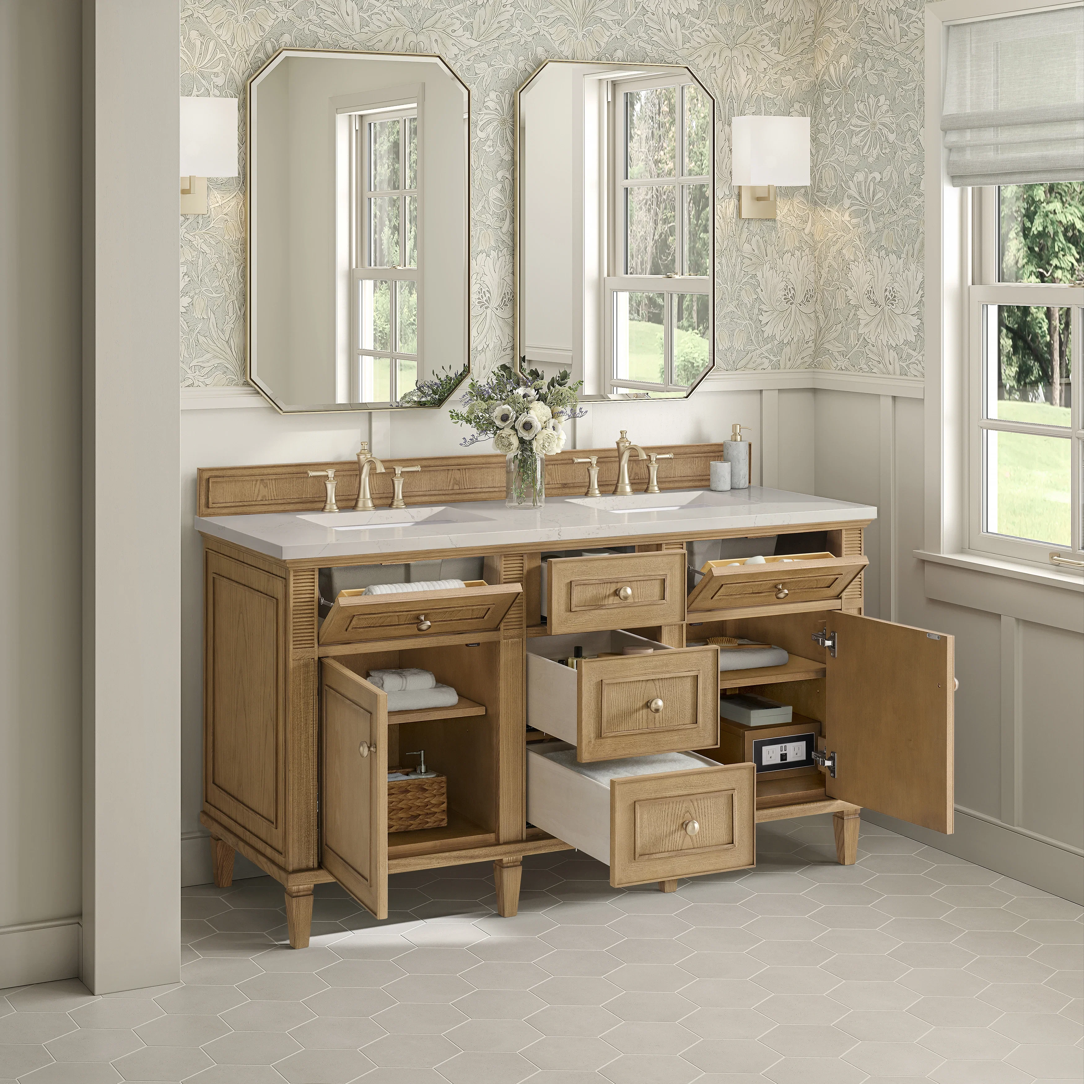 Lorelai 60" Double Vanity, Light Natural Oak, w/ 3 CM Siberian Silestone Top