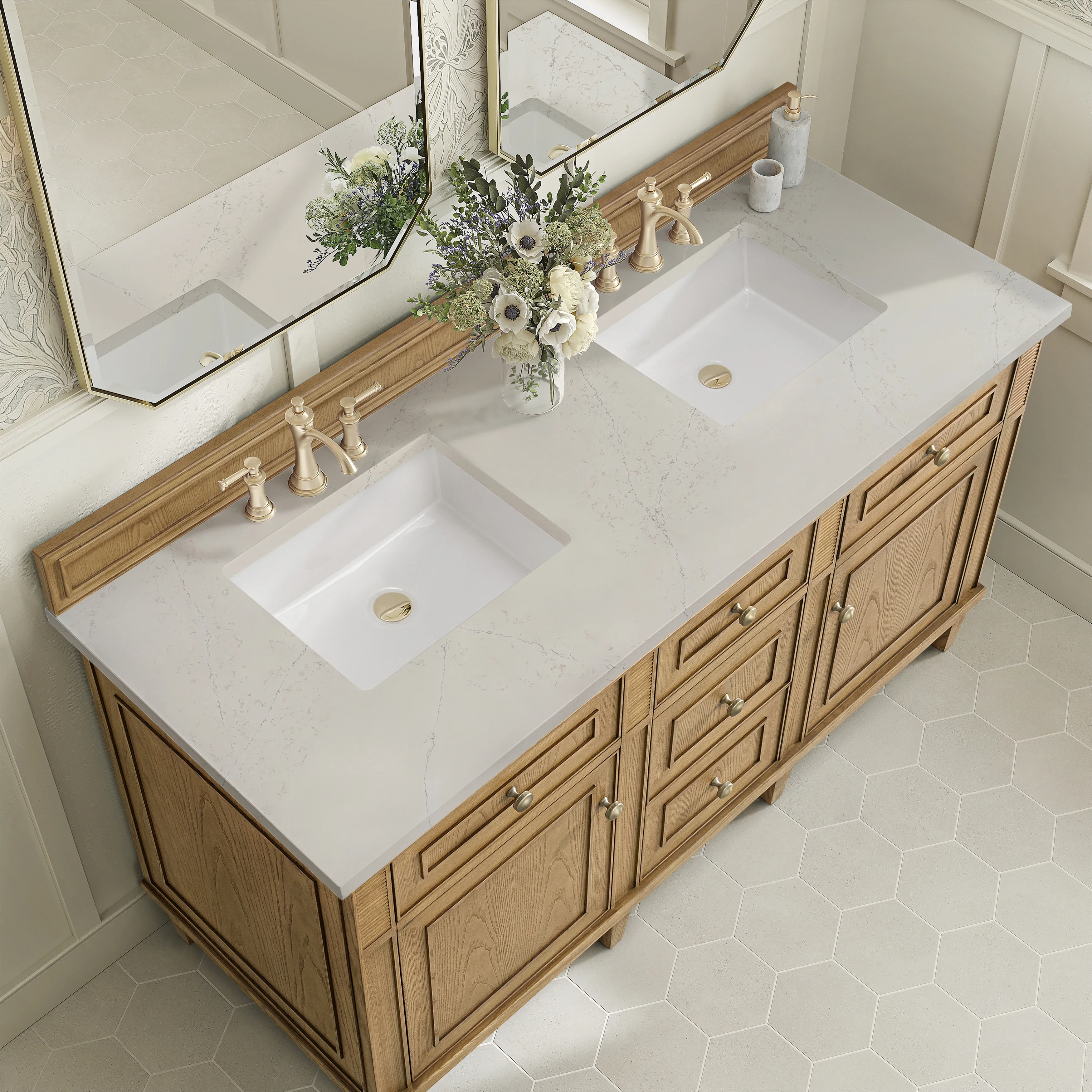 Lorelai 60" Double Vanity, Light Natural Oak, w/ 3 CM Siberian Silestone Top