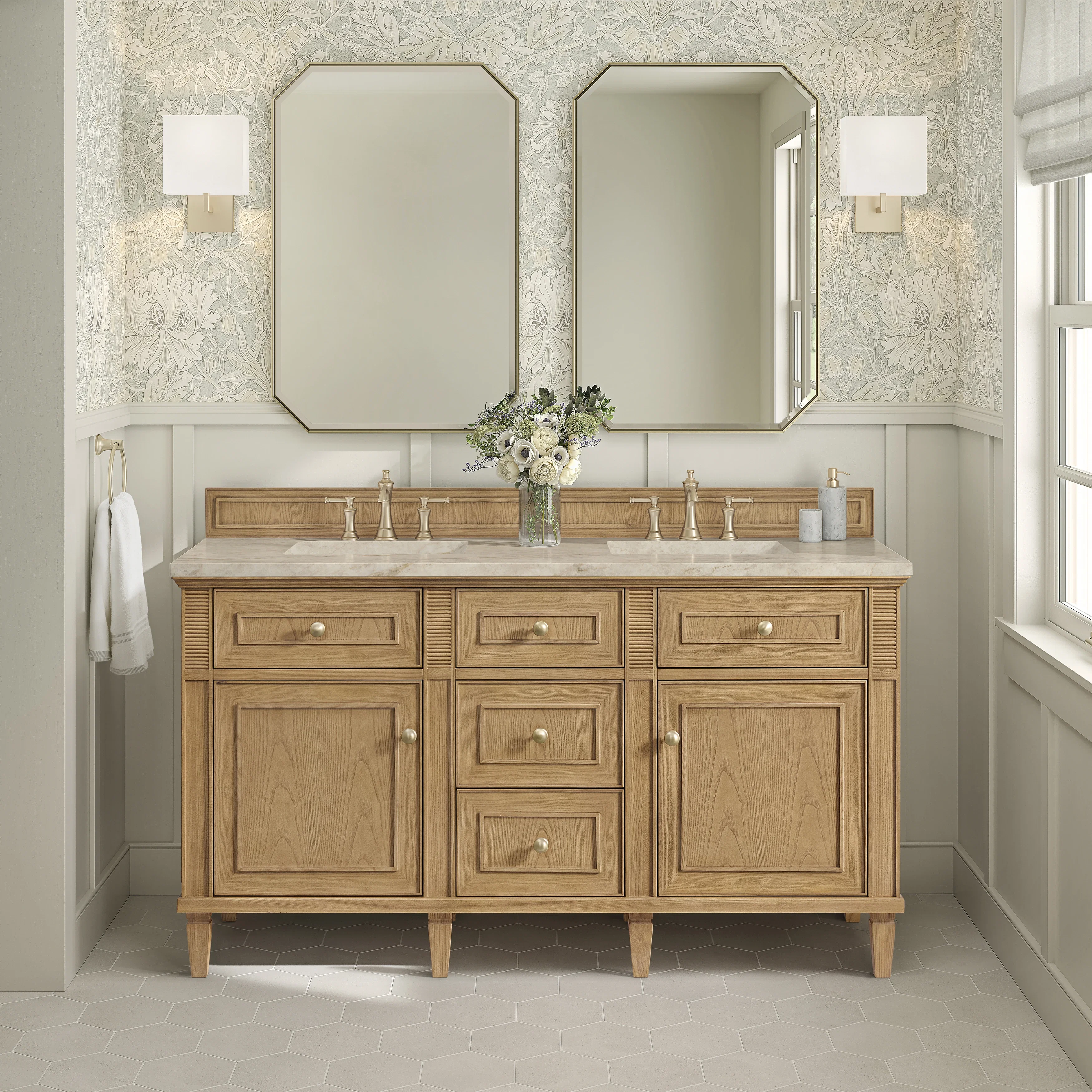 Lorelai 60" Double Vanity, Light Natural Oak, w/ 3 CM Tajnar Eclos Top