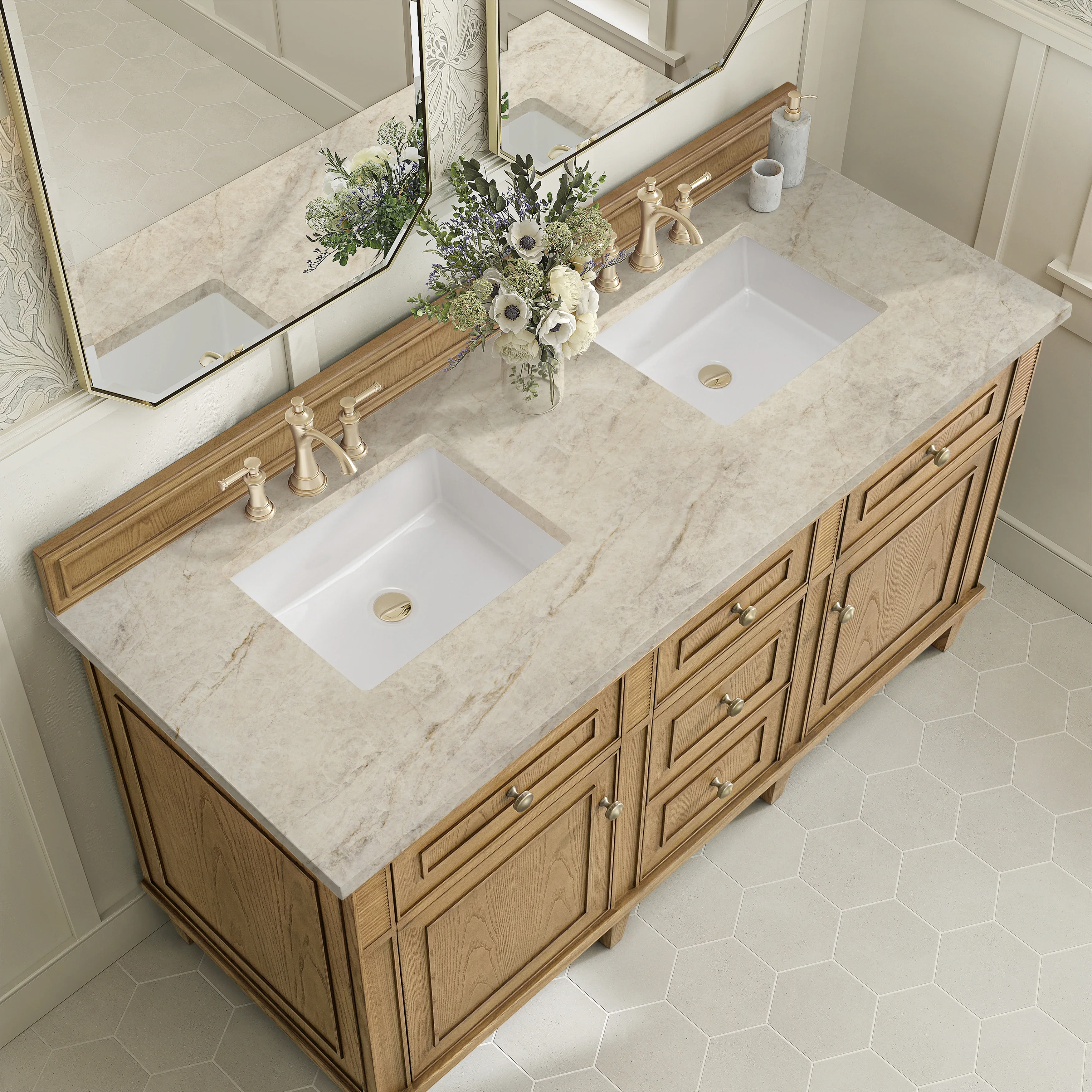 Lorelai 60" Double Vanity, Light Natural Oak, w/ 3 CM Tajnar Eclos Top