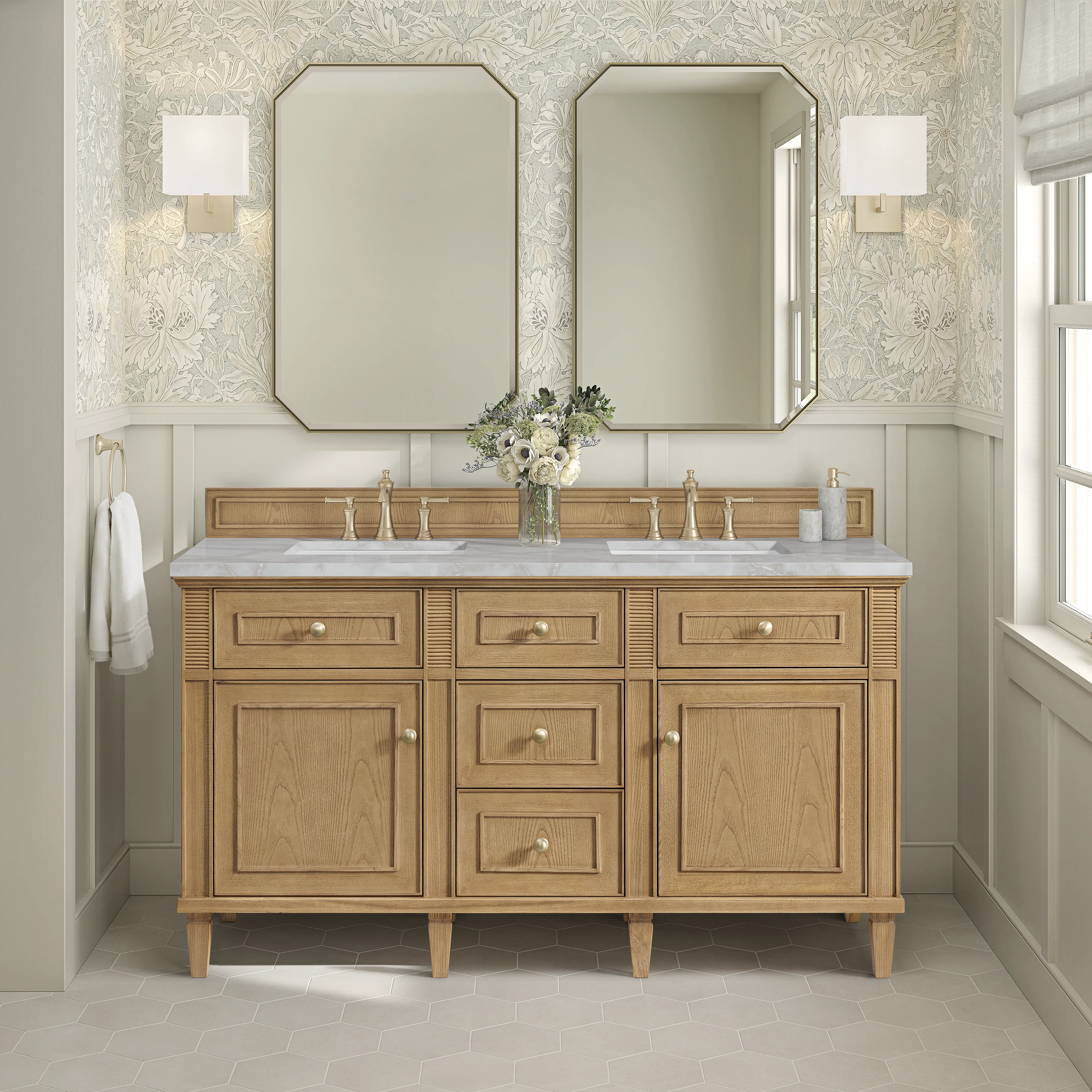 Lorelai 60" Double Vanity, Light Natural Oak w/ 3 CM Victorian Silver Silestone Top