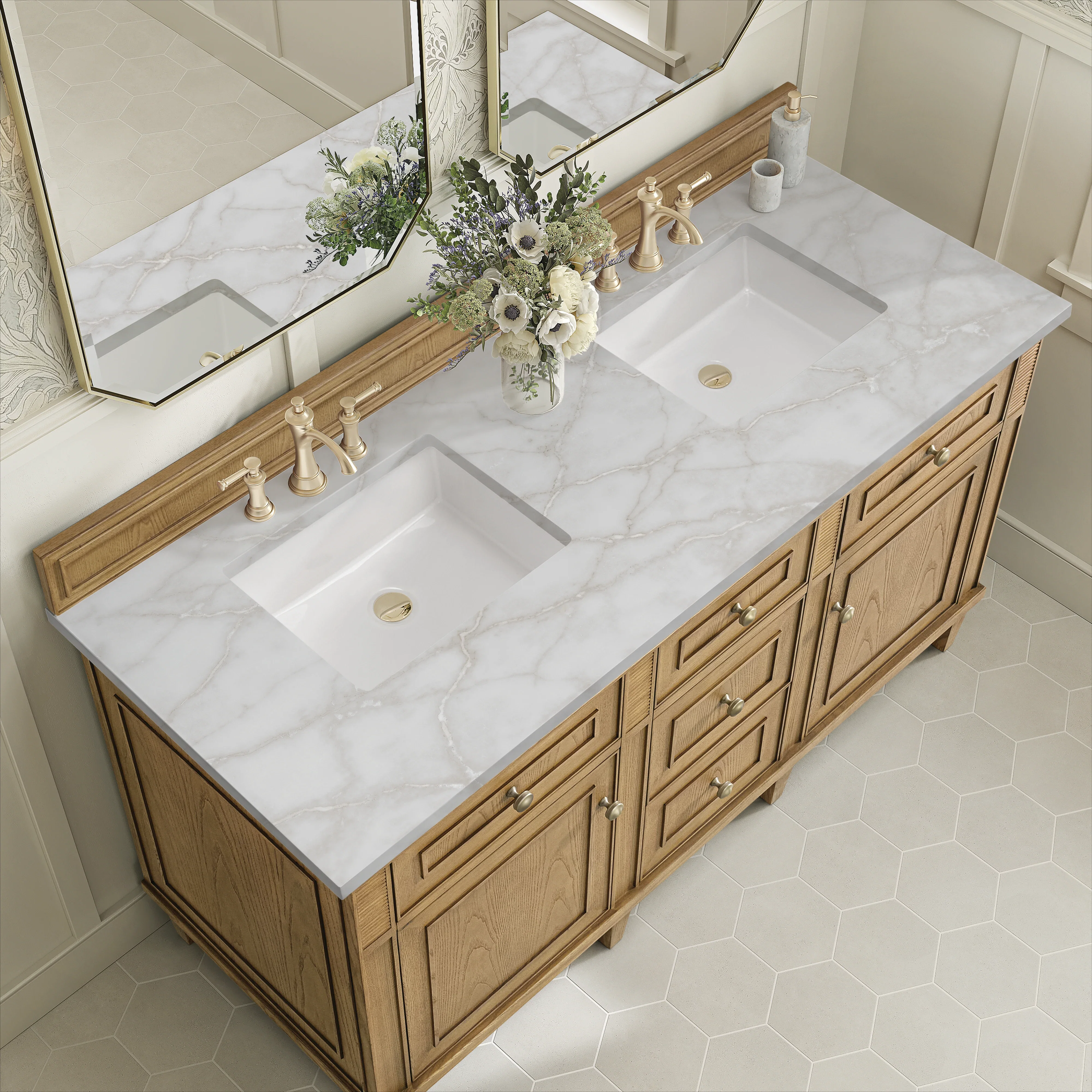 Lorelai 60" Double Vanity, Light Natural Oak w/ 3 CM Victorian Silver Silestone Top