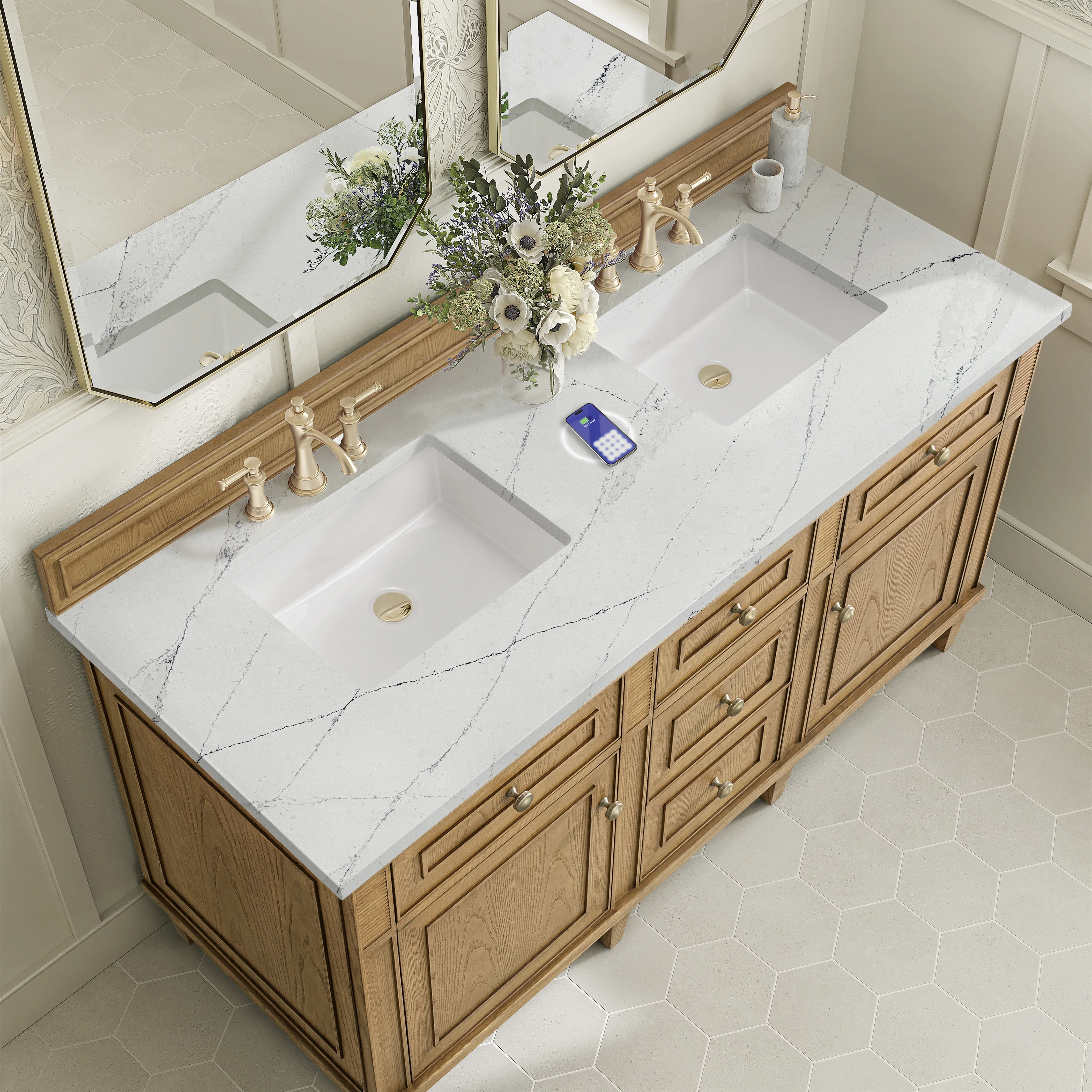 Lorelai 60" Double Vanity, Light Natural Oak w/ 3 CM Ethereal Noctis Silestone Top w/FreePower Wireless Charger