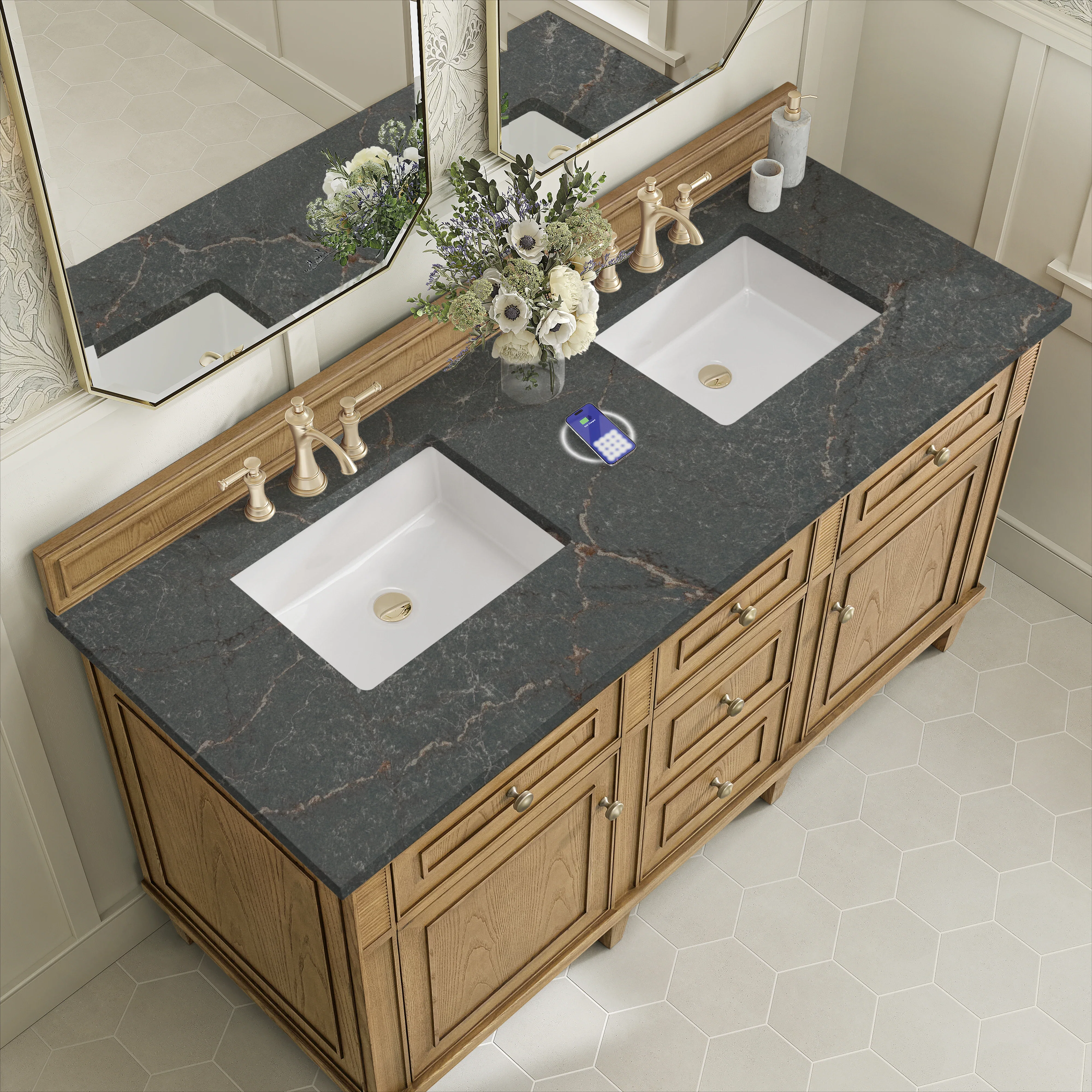Lorelai 60" Double Vanity, Light Natural Oak w/ 3 CM Parisien Bleu Silestone Top w/FreePower Wireless Charger