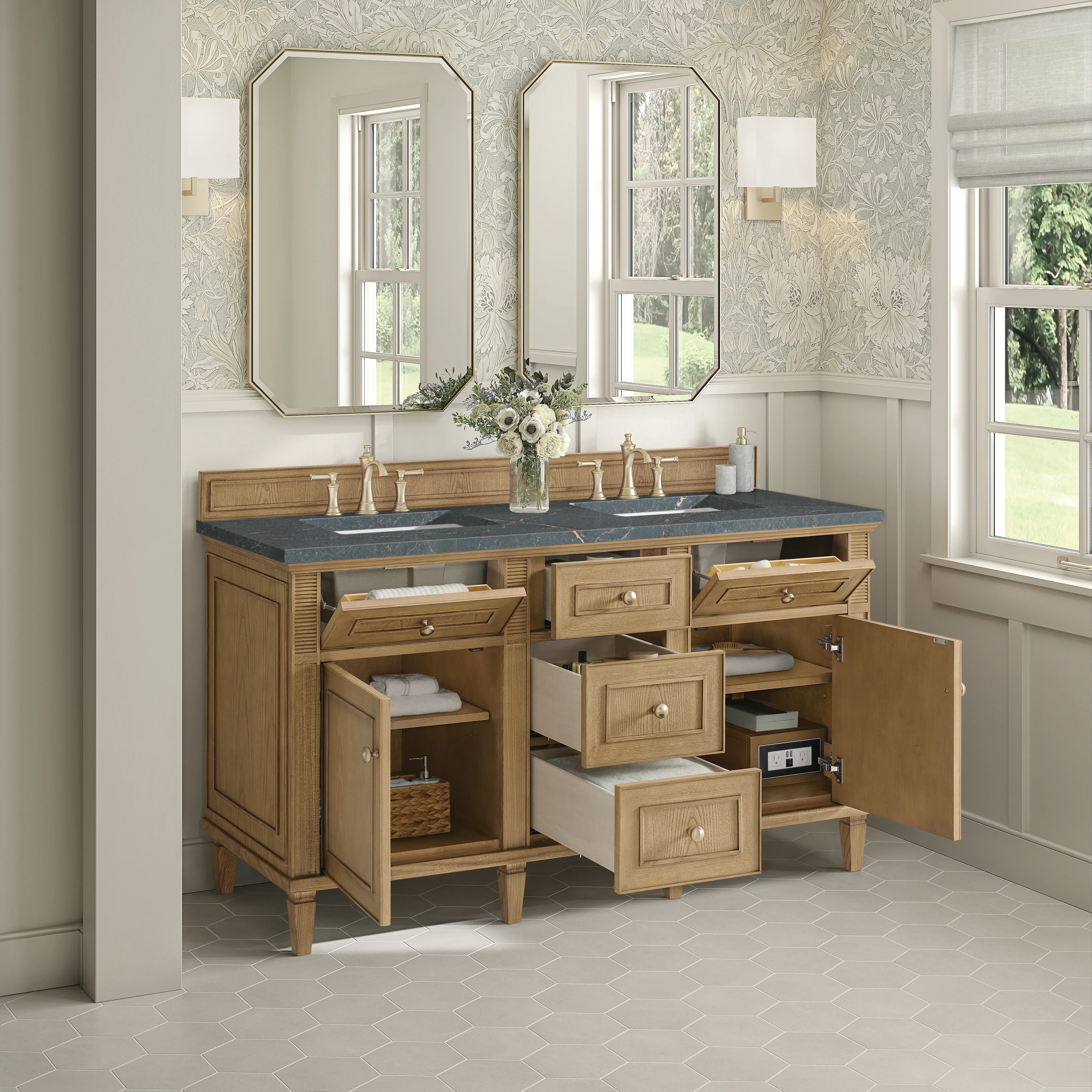 Lorelai 60" Double Vanity, Light Natural Oak w/ 3 CM Parisien Bleu Silestone Top w/FreePower Wireless Charger