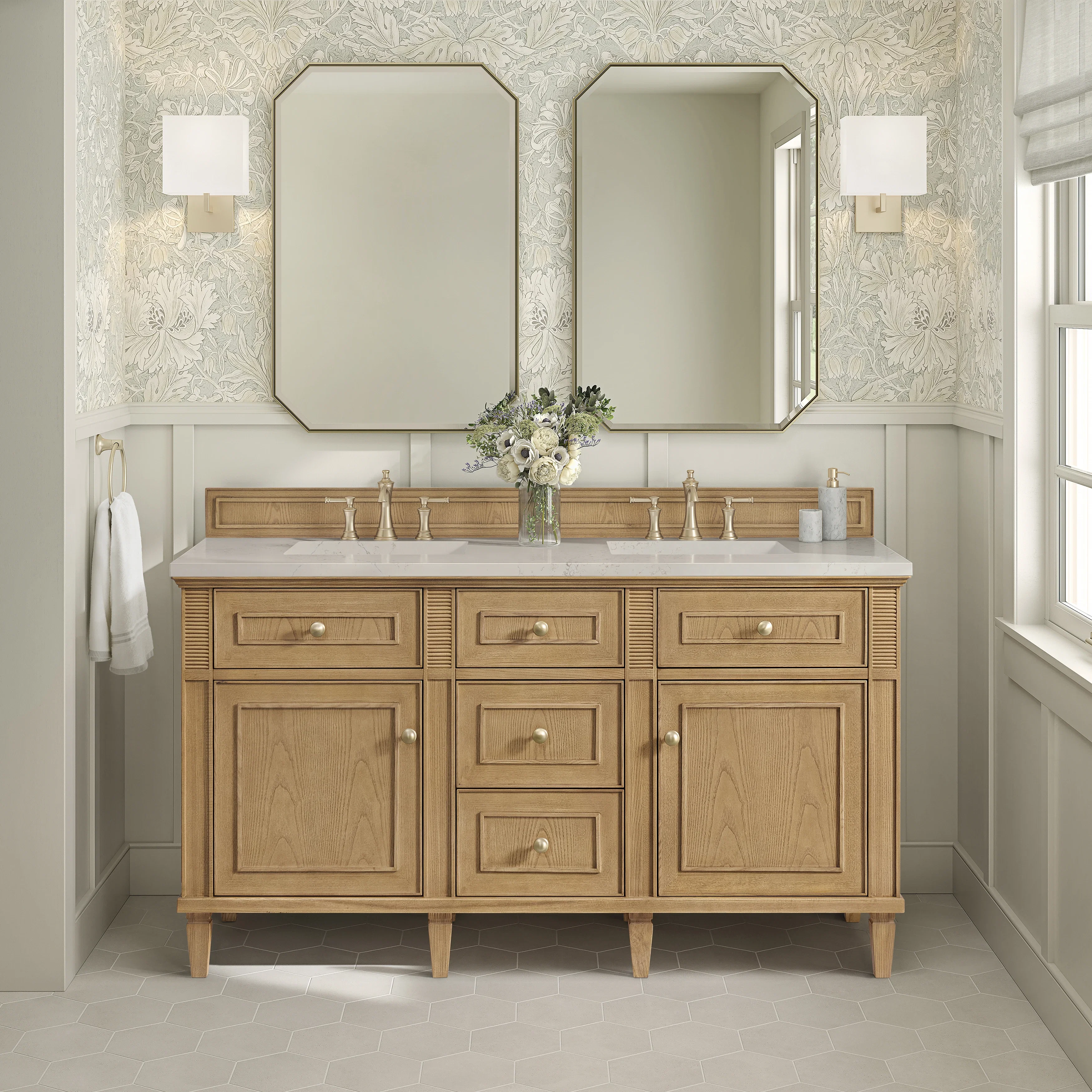 Lorelai 60" Double Vanity, Light Natural Oak, w/ 3 CM Siberian Silestone Top w/FreePower Wireless Charger