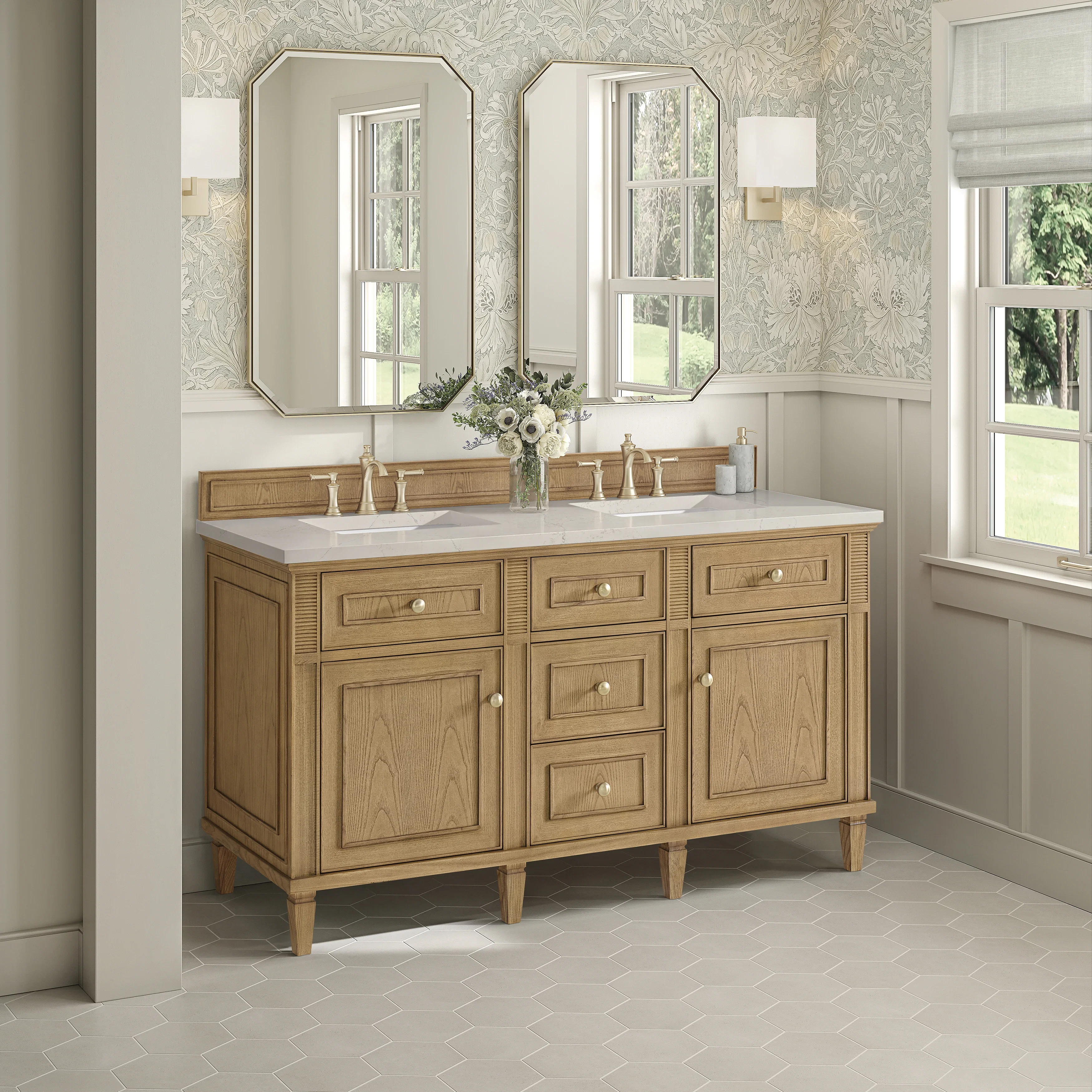 Lorelai 60" Double Vanity, Light Natural Oak, w/ 3 CM Siberian Silestone Top w/FreePower Wireless Charger