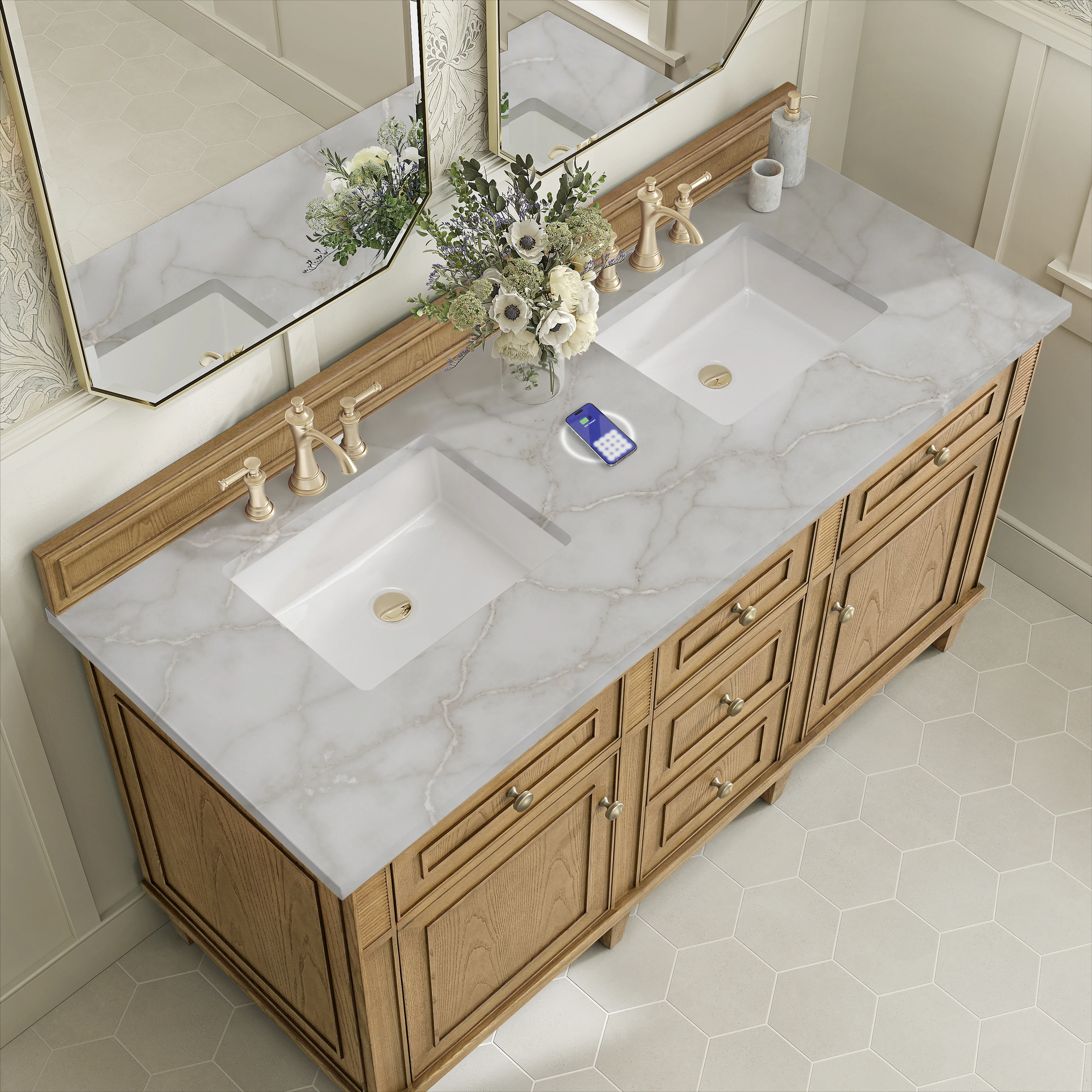 Lorelai 60" Double Vanity, Light Natural Oak w/ 3 CM Victorian Silver Silestone Top w/FreePower Wireless Charger