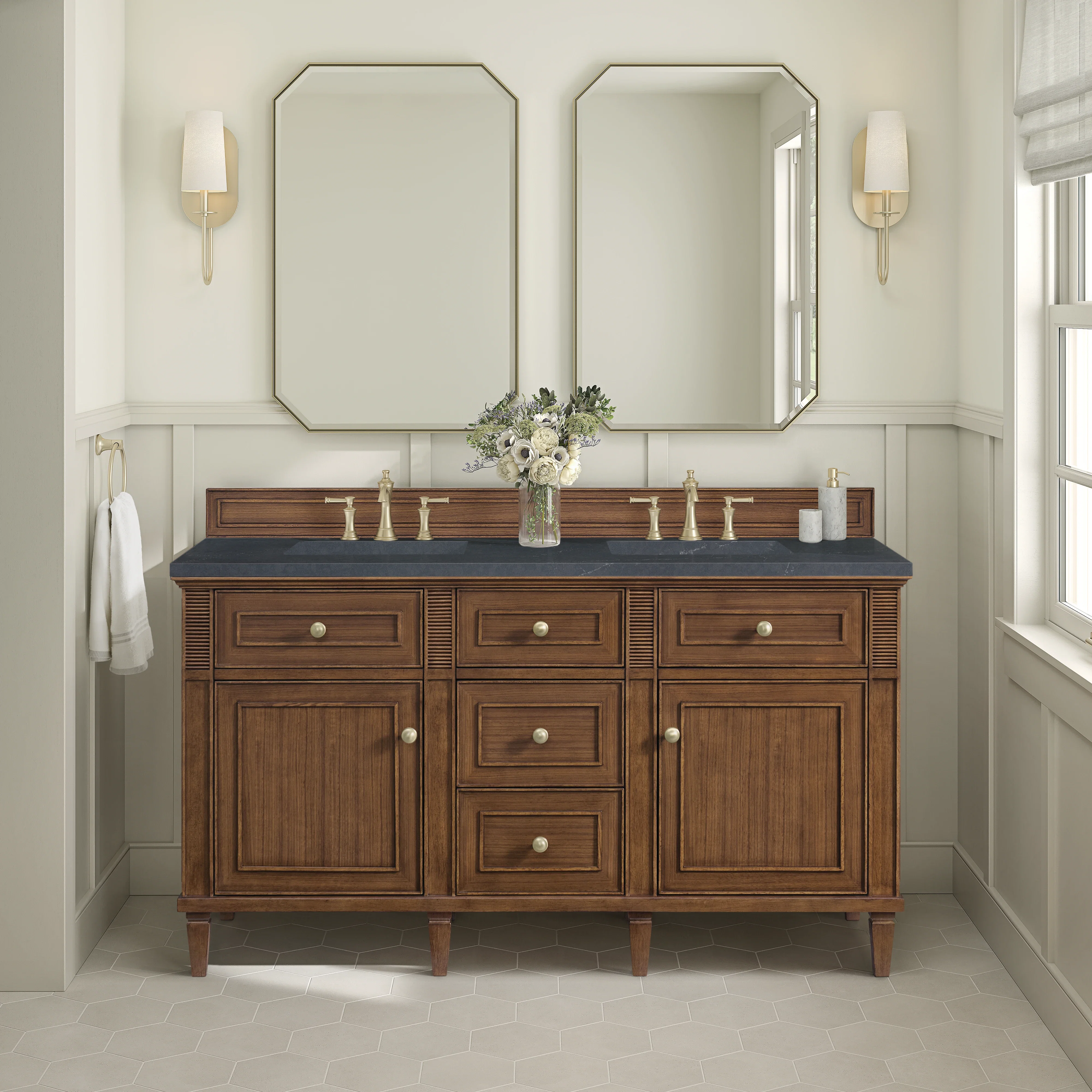 Lorelai 60" Double Vanity, Mid-Century Walnut w/ 3 CM Charcoal Soapstone Silestone Top