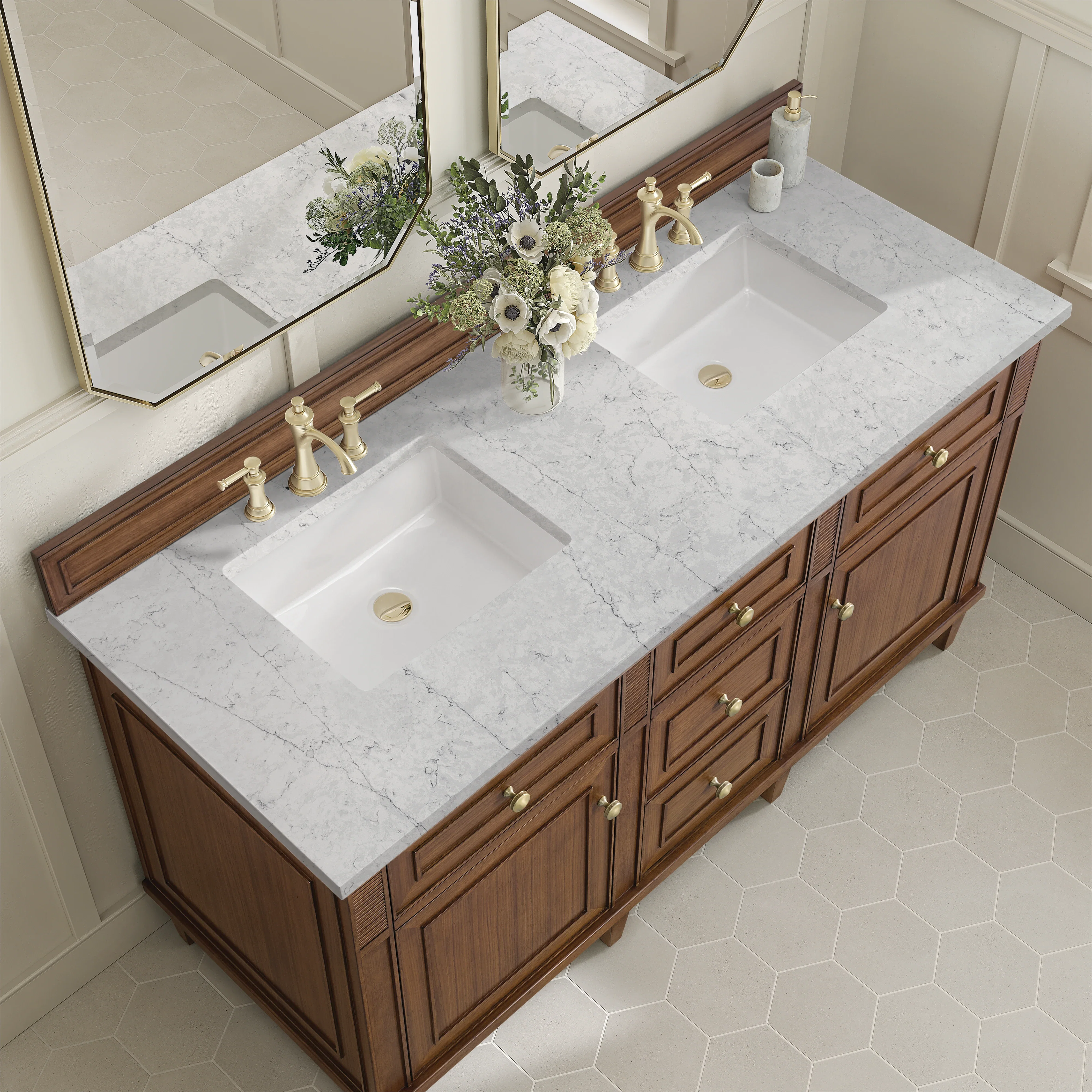 Lorelai 60" Double Vanity, Mid-Century Walnut w/ 3 CM Eternal Jasmine Pearl Silestone Top