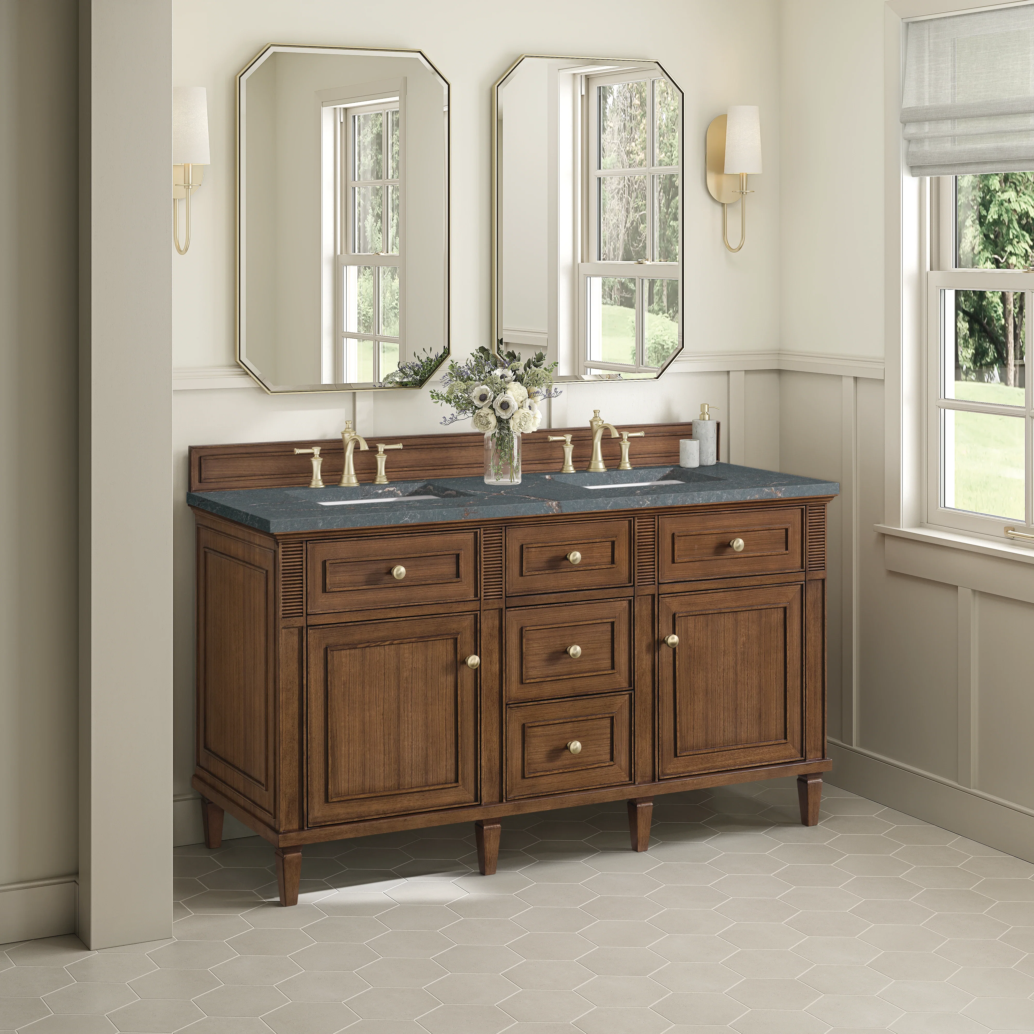 Lorelai 60" Double Vanity, Mid-Century Walnut w/ 3 CM Parisien Bleu Silestone Top