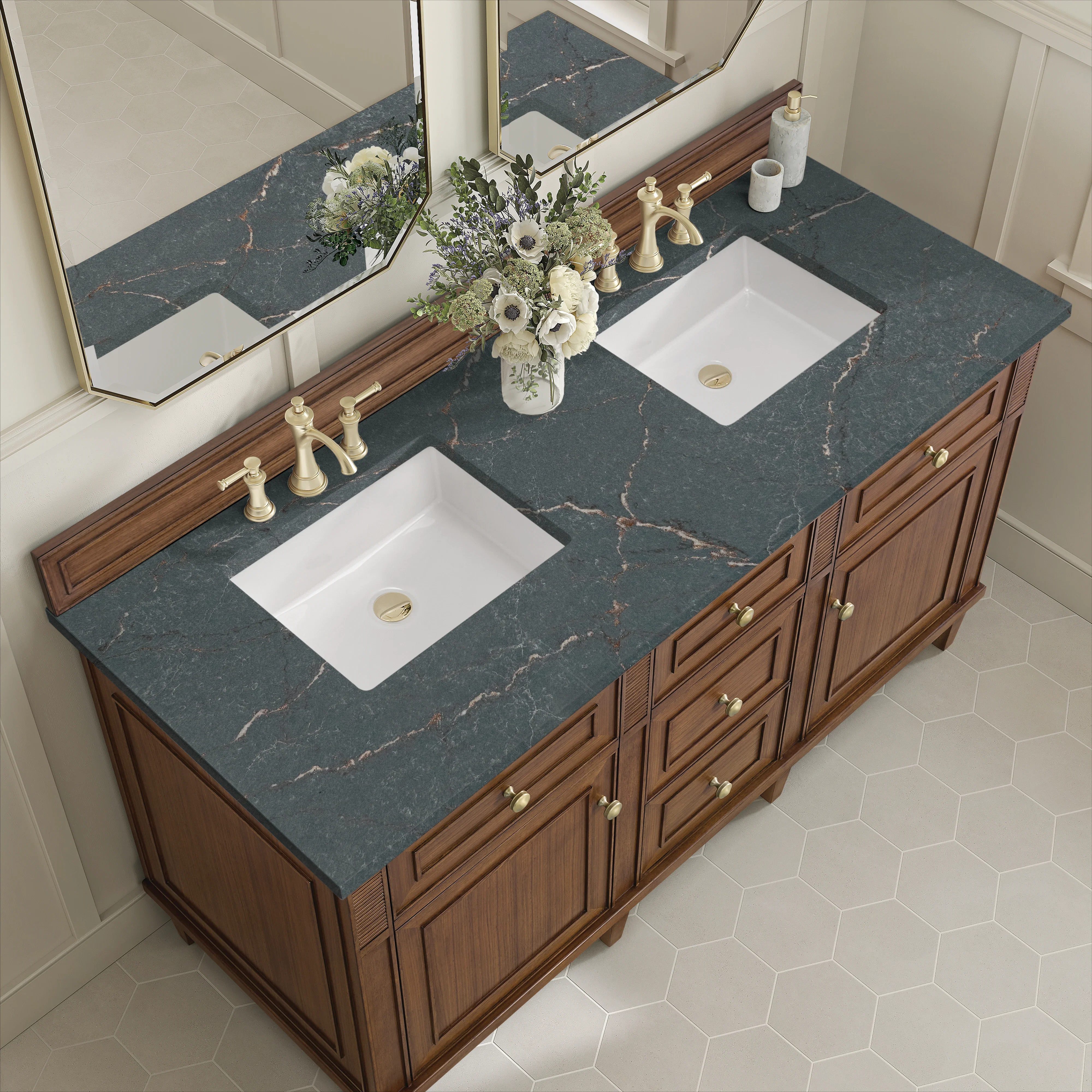 Lorelai 60" Double Vanity, Mid-Century Walnut w/ 3 CM Parisien Bleu Silestone Top